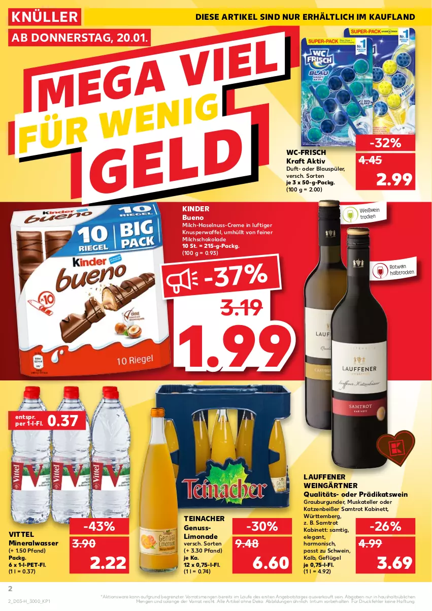 Aktueller Prospekt Kaufland - Spezielle Angebote - von 20.01 bis 26.01.2022 - strona 2 - produkty: Alwa, angebot, burgunder, creme, elle, Geflügel, grauburgunder, haselnuss, kabinett, Kinder, kinder bueno, kraft, limo, limonade, milch, mineralwasser, nuss, rotwein, schoko, schokolade, schwein, teller, Ti, vittel, wasser, wein, Weißwein, ZTE