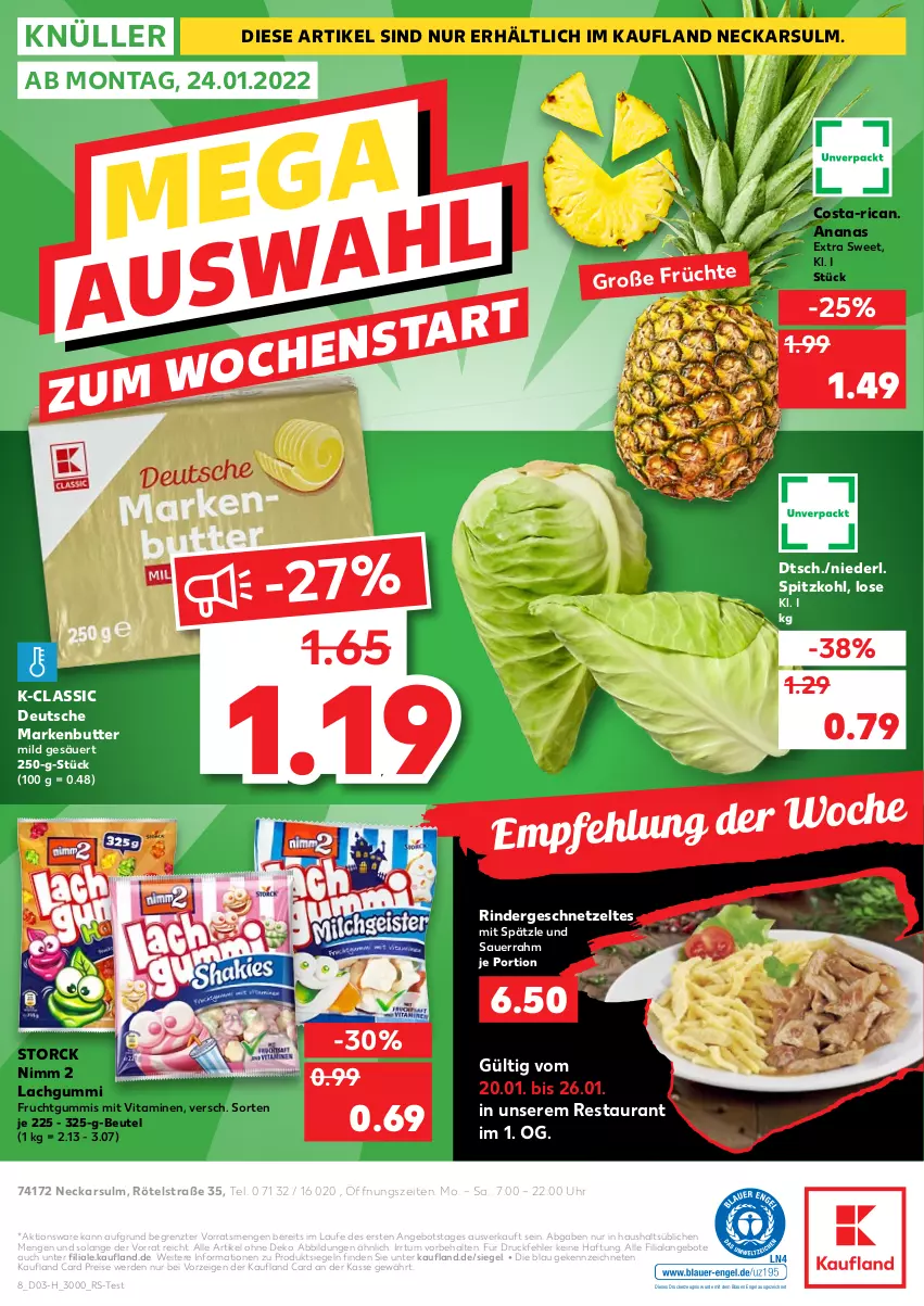 Aktueller Prospekt Kaufland - Spezielle Angebote - von 20.01 bis 26.01.2022 - strona 8 - produkty: ananas, angebot, angebote, auer, beutel, butter, drucker, eis, Engel, erde, frucht, fruchtgummi, fruchtgummis, geschnetzeltes, kerze, lachgummi, markenbutter, Nimm 2, reis, rind, rinder, Rindergeschnetzeltes, Sauerrahm, spitzkohl, storck, Ti, uhr, vita, Vitamine, Zelt, ZTE