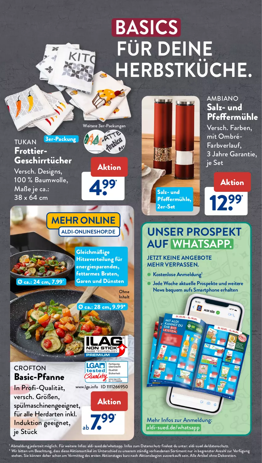 Aktueller Prospekt AldiSud - GÜNSTIGE HERBSTVIELFALT FÜR ALLE - von 02.10 bis 31.10.2023 - strona 12 - produkty: aldi, alle artikel ohne dekoration, ambia, angebot, angebote, Bau, baumwolle, braten, Crofton, dekoration, elle, geschirr, geschirrtücher, gin, herdarten, küche, LG, pfanne, pfeffer, Pfeffermühle, salz, smartphone, spülmaschinen, Ti, tücher, wolle, ZTE