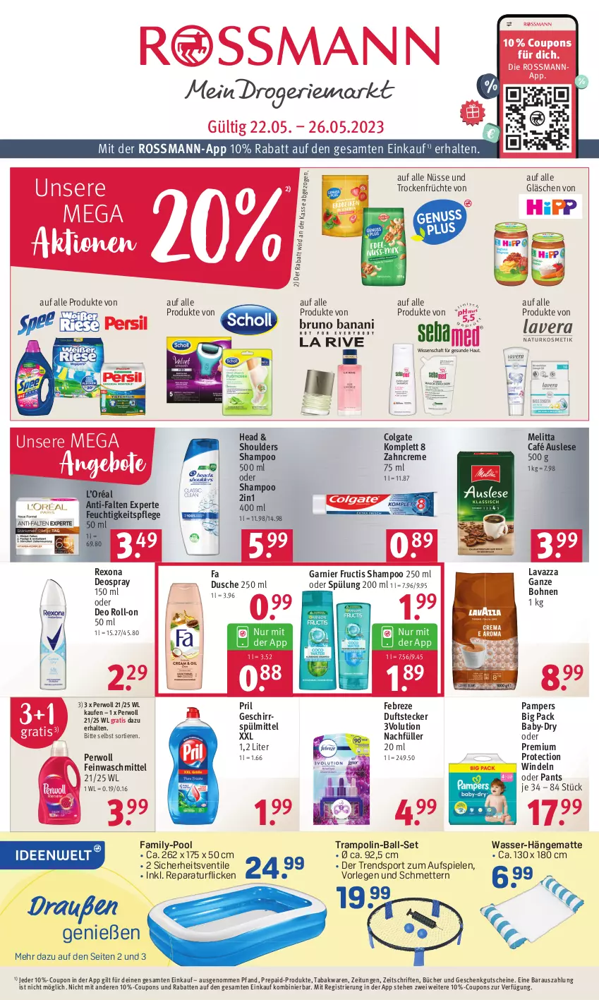 Aktueller Prospekt Rossmann - Prospekte - von 22.05 bis 26.05.2023 - strona 1 - produkty: angebot, angebote, anti-falten experte, baby-dry, ball, bohne, bohnen, colgate, coupon, coupons, creme, deo, deo roll-on, deospray, deospray 150 ml, dusche, febreze, feinwaschmittel, feuchtigkeitspflege, früchte, fructis, garnier, geschirr, geschirrspülmittel, gutschein, gutscheine, hängematte, lavazza, lavazza ganze bohne, LG, melitta, Mett, oder deo roll-on, pampers, Pants, perwoll, pool, pril, rexona, roll-on, shampoo, shampoo 250 ml, Spiele, Sport, spülmittel, spülung, spülung 200 ml, Ti, Tiere, Trampolin, Trockenfrüchte, waschmittel, wasser, windeln, windeln oder pants, zahncreme