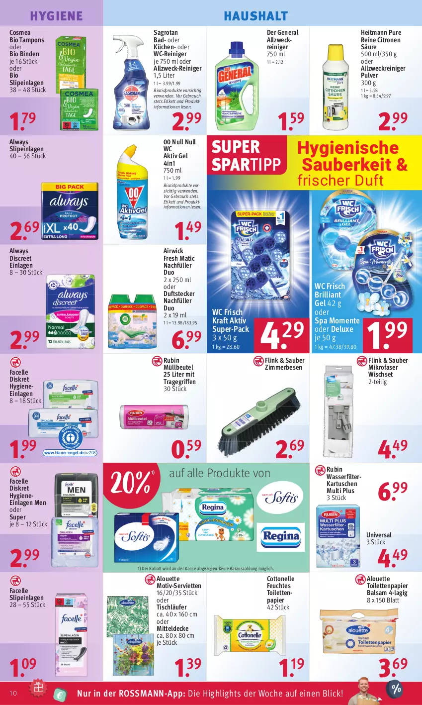 Aktueller Prospekt Rossmann - Prospekte - von 22.05 bis 26.05.2023 - strona 12 - produkty: airwick, aktiv gel, allzweckreiniger, alouette, Alwa, Always, auer, Bad, balsam, beutel, binden, bio, biozidprodukte, cosmea, cottonelle, decke, Discreet, elle, Engel, ente, Facelle, feuchtes toilettenpapier, filterkartuschen, heitmann, kraft, küche, Küchen, Läufer, mikrofaser, mitteldecke, müllbeutel, papier, Rauch, reiniger, Rubin, rwe, sagrotan, Serviette, servietten, slip, slipeinlagen, spartipp, Tampon, tampons, Ti, tisch, tischläufer, toilettenpapier, tragegriff, wasser, wasserfilter, wc frisch, WC Frisch Kraft Aktiv, wc-reiniger, weck, WICK