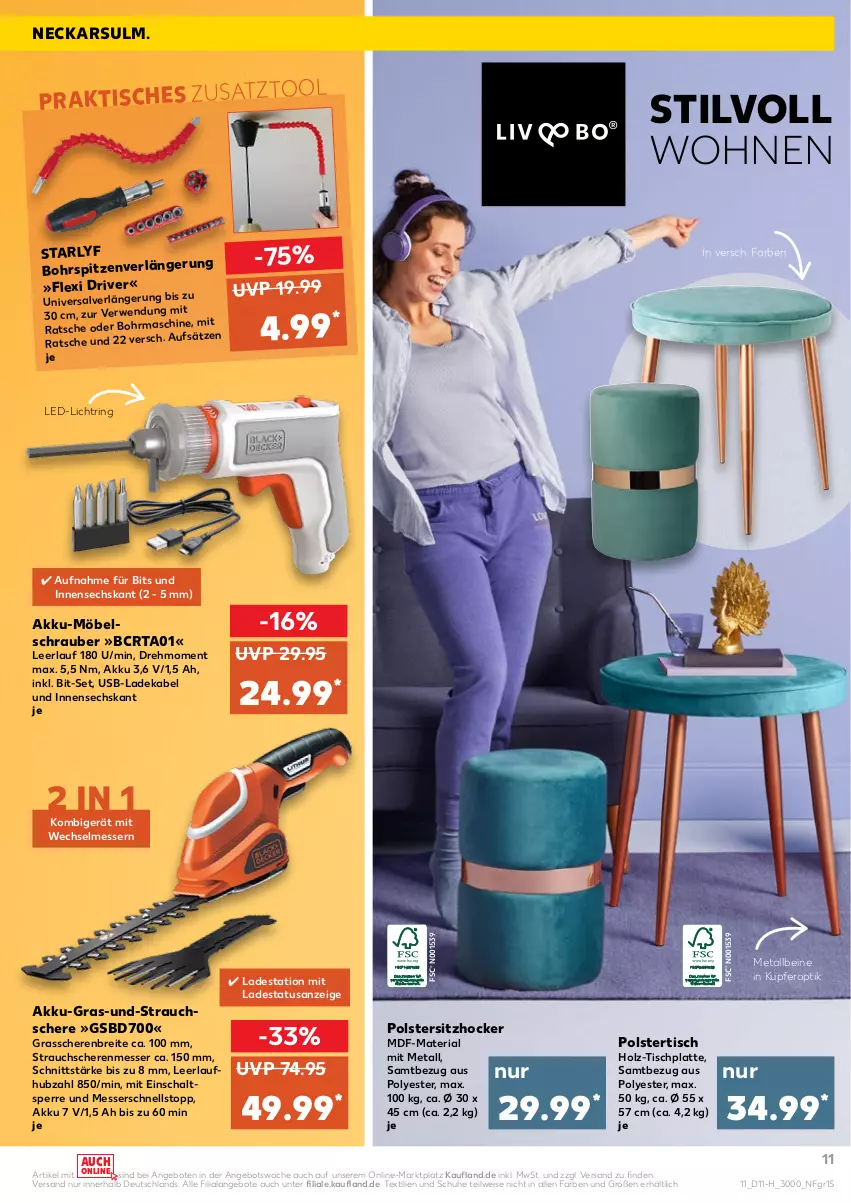 Aktueller Prospekt Kaufland - Spezielle Angebote - von 17.03 bis 23.03.2022 - strona 11 - produkty: akku, angebot, angebote, Brei, deka, eis, Grasschere, hocker, Holz, HP, ladekabel, latte, led-licht, messer, möbel, Rauch, Ria, ring, Schal, Schere, schuhe, Strauchschere, Ti, tisch, tischplatte, usb