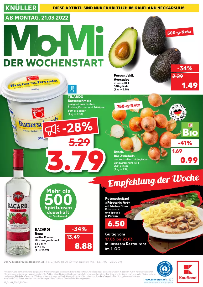 Aktueller Prospekt Kaufland - Spezielle Angebote - von 17.03 bis 23.03.2022 - strona 12 - produkty: angebot, angebote, auer, avocado, avocados, bacardi, Becher, bio, braten, butter, Butterschmalz, drucker, eis, Engel, erde, himbeer, kerze, mac, malz, pilze, pute, putenschnitzel, reis, rum, sauce, Schmalz, schnitzel, spirituosen, Ti, Tiere, trolli, uhr, ZTE, zwiebel, zwiebeln