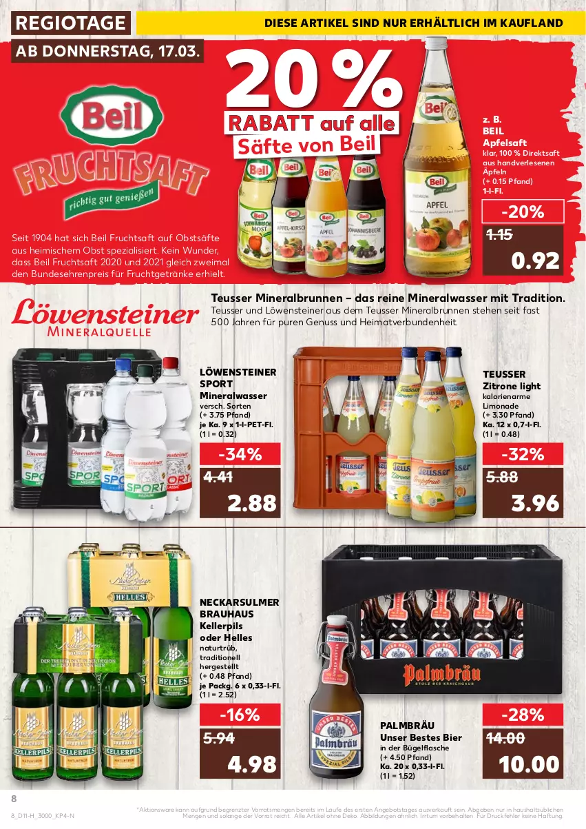 Aktueller Prospekt Kaufland - Spezielle Angebote - von 17.03 bis 23.03.2022 - strona 8 - produkty: Alwa, angebot, apfel, apfelsaft, bier, brunnen, bügel, bügelflasche, direktsaft, eis, elle, flasche, frucht, fruchtsaft, getränk, getränke, limo, limonade, mineralwasser, natur, nuss, obst, pils, reis, saft, säfte, Spezi, Sport, steiner, Ti, wasser, zitrone, ZTE