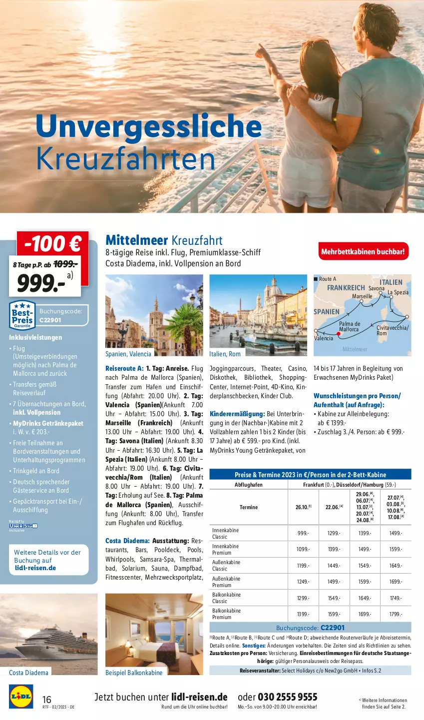 Aktueller Prospekt Lidl - Themenflyer Februar 2023 - von 13.02 bis 15.03.2023 - strona 16 - produkty: Bad, balkonkabine, beispiel balkonkabine, bett, Brei, buch, chia, diadem, drink, drinks, eis, ente, getränk, getränke, gin, inklusivleistungen, Kinder, kreuzfahrten, mars, Persona, planschbecken, pool, reis, reiseveranstalter, reiseverlauf, Spezi, Sport, Thea, Ti, uhr, vita, weck, Whirlpool, Yo