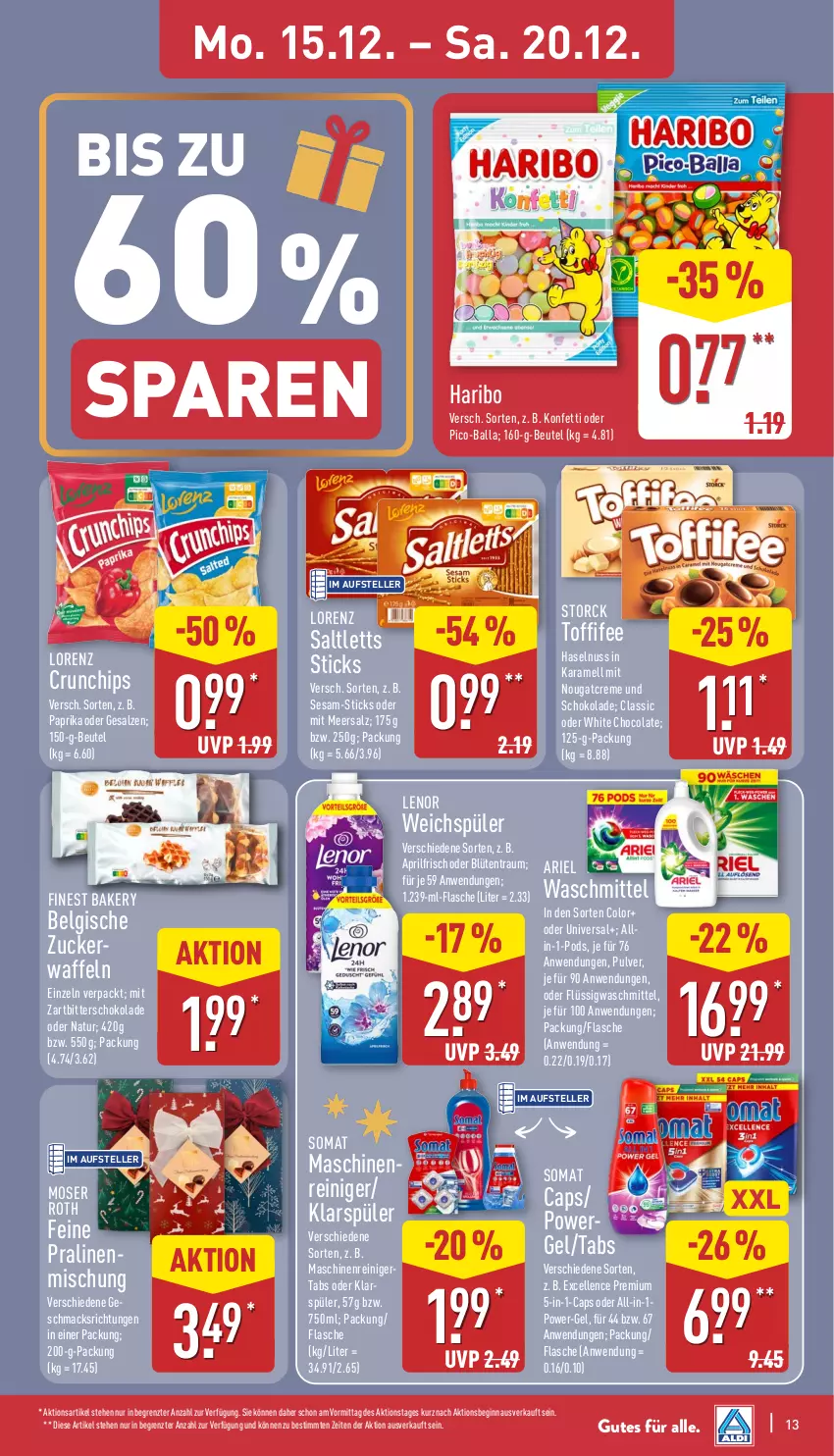 Aktueller Prospekt Aldi Nord - Von Montag - von 15.12 bis 20.12.2025 - strona 14 - produkty: ariel, ariel waschmittel, ball, beutel, Blüte, Cap, chips, cola, creme, crunchips, elle, flasche, gin, haribo, haselnuss, karamell, klarspüler, lenor, lenor weichspüler, LG, lorenz, lorenz crunchips, mac, maschinenreiniger, meersalz, moser, Moser Roth, natur, Nougatcreme, nuss, paprika, Pods, power-gel, pralinen, pril, reiniger, saltletts, salz, schoko, schokolade, sesam, somat, storck, teller, Ti, toffifee, waffeln, waschmittel, weichspüler, white chocolate, Zartbitterschokolade, ZTE, zucker