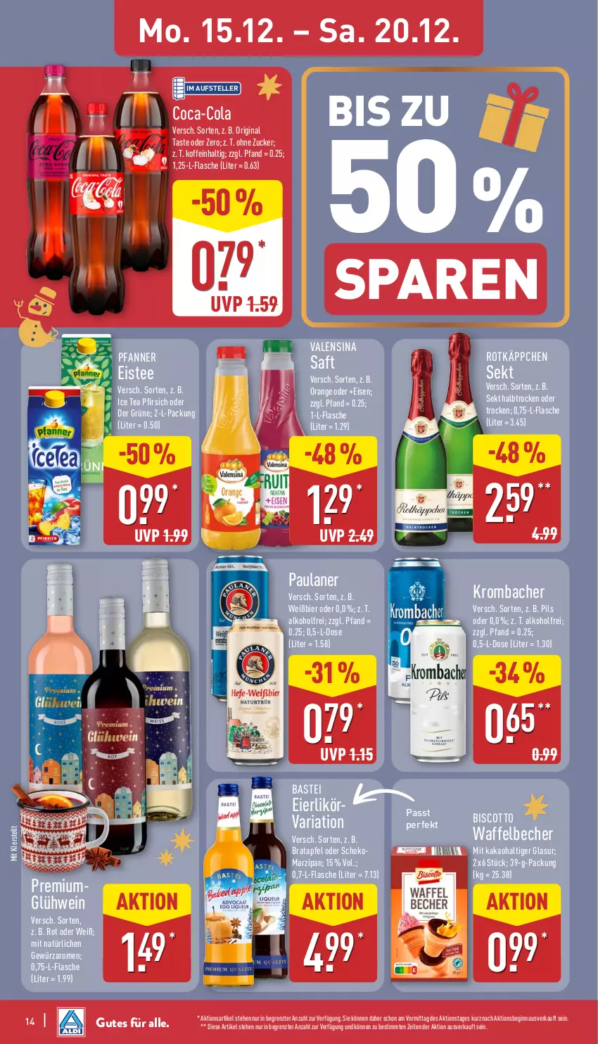 Aktueller Prospekt Aldi Nord - Von Montag - von 15.12 bis 20.12.2025 - strona 15 - produkty: alkohol, apfel, Becher, bier, biscotto, coca-cola, cola, eier, eierlikör, eis, eistee, elle, flasche, gewürz, gin, Glühwein, ice tea, kakao, krombache, krombacher, likör, marzipan, orange, Paula, paulaner, pfanne, Pfanner, pfirsich, pils, Ria, rotkäppchen, saft, schoko, sekt, tee, teller, Ti, valensina, wein, ZTE, zucker