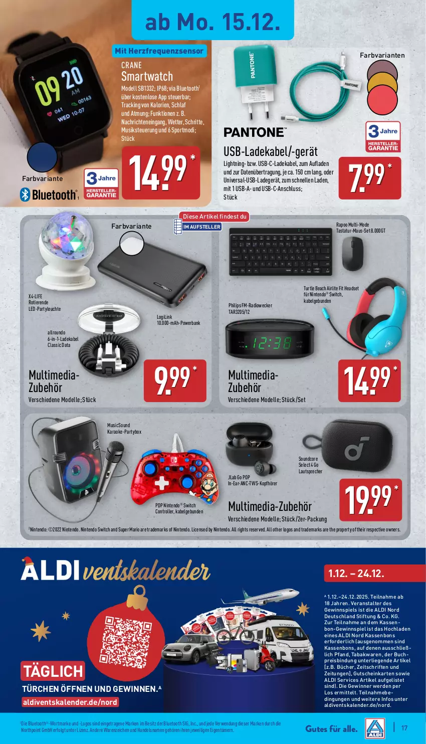 Aktueller Prospekt Aldi Nord - Von Montag - von 15.12 bis 20.12.2025 - strona 18 - produkty: aldi, Bank, buch, deka, dell, eis, elle, erde, gewinnspiel, gutschein, Headset, HP, kopfhörer, ladegerät, ladekabel, lautsprecher, Leuchte, LG, Liege, Maus, Mode, nintendo, Nintendo Switch, Philips, powerbank, Radio, reis, Ria, Roller, rwe, smartwatch, Sport, Tastatur, teller, Ti, Tiere, usb, weck