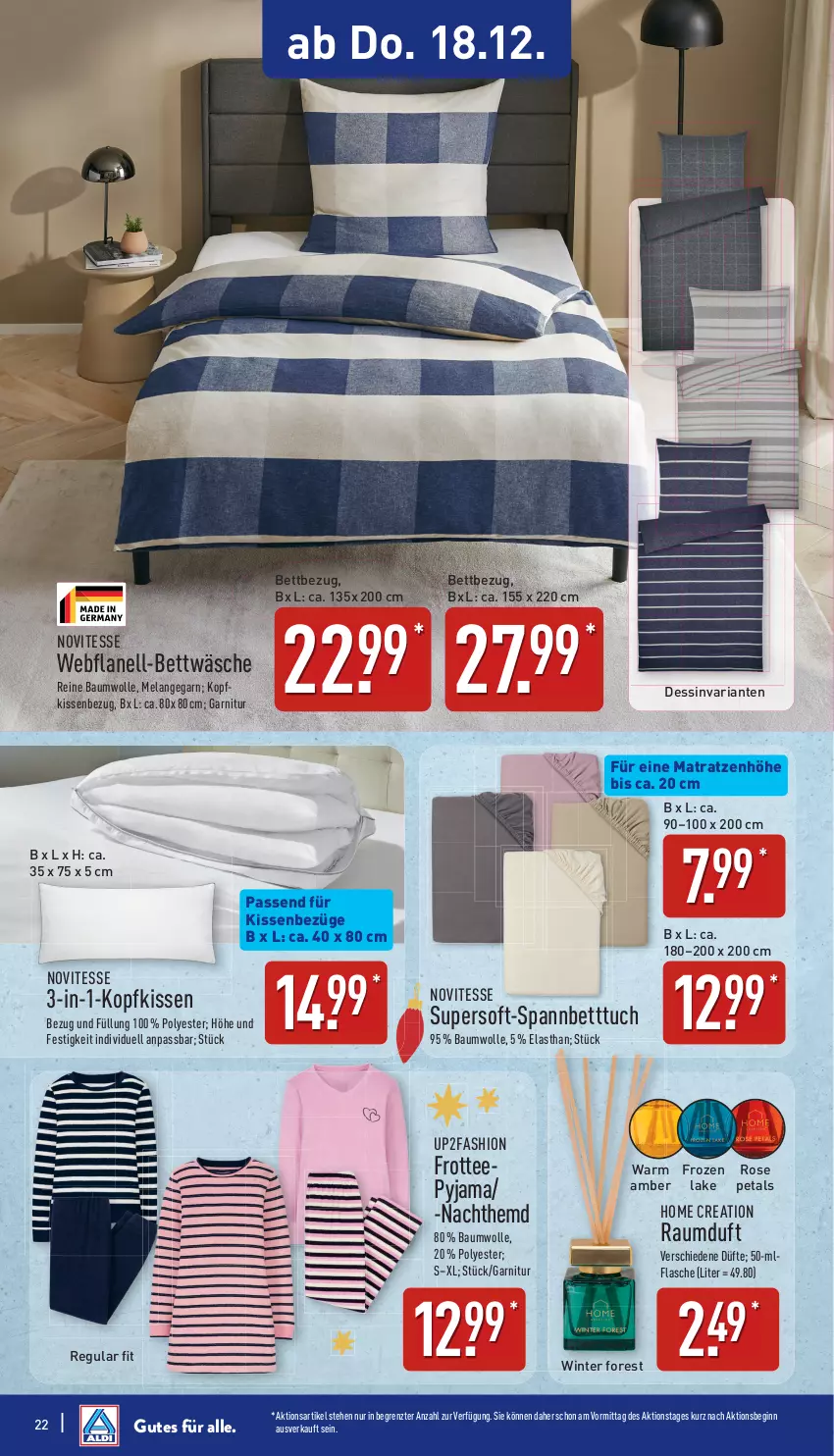Aktueller Prospekt Aldi Nord - Von Montag - von 15.12 bis 20.12.2025 - strona 23 - produkty: Amber, Bau, baumwolle, bett, Betttuch, bettwäsche, Elan, flasche, garnitur, gin, hemd, kissen, Kissenbezug, kopfkissen, matratze, matratzen, Nachthemd, Pyjama, Raumduft, reine baumwolle, Ria, spannbetttuch, tee, Ti, tuc, up2fashion, wolle, ZTE