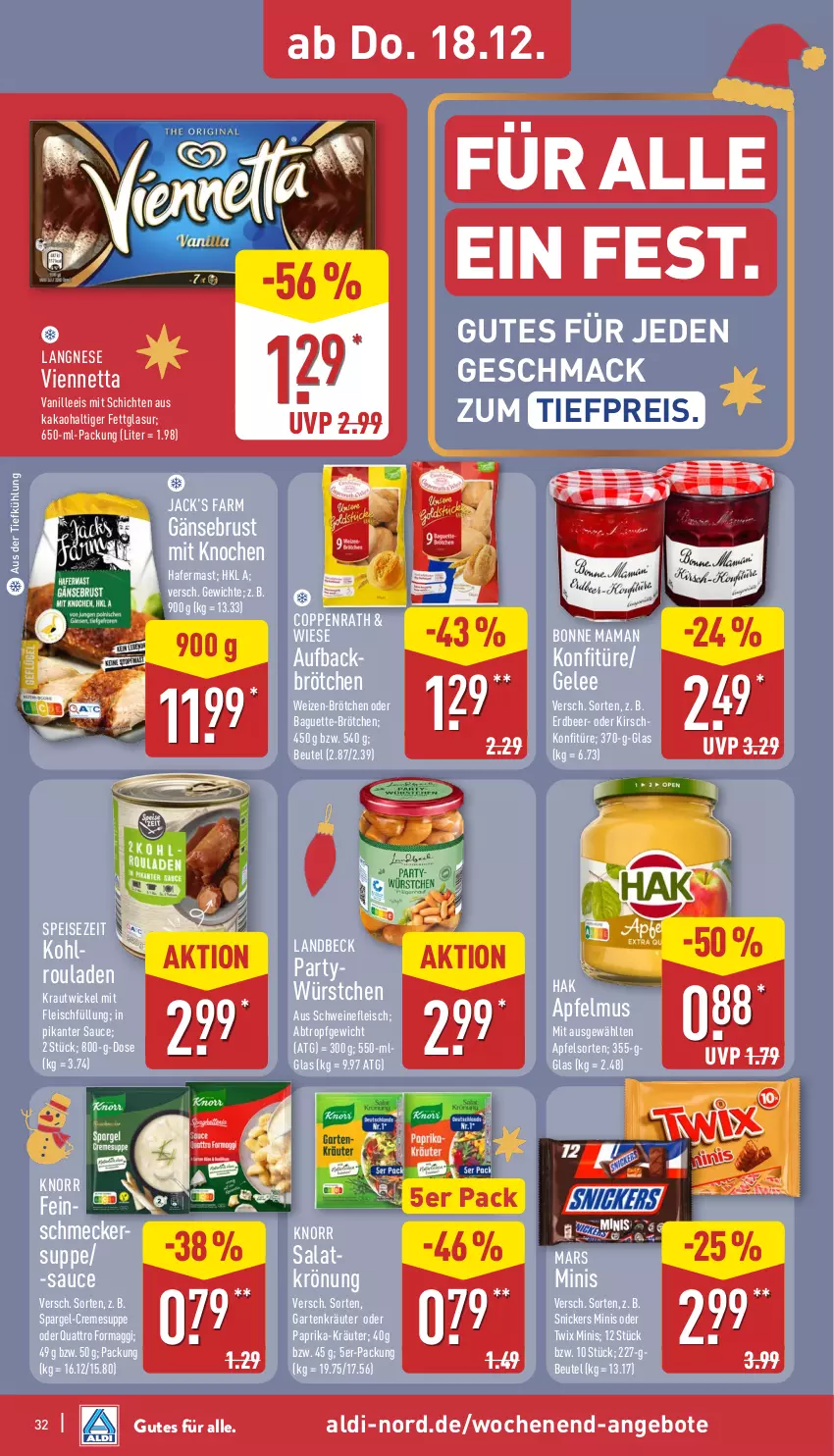 Aktueller Prospekt Aldi Nord - Von Montag - von 15.12 bis 20.12.2025 - strona 33 - produkty: aldi, angebot, angebote, apfel, apfelmus, aus der tiefkühlung, baguette, beutel, bonne maman, brötchen, coppenrath, creme, cremesuppe, eis, feinschmecker, fleisch, Gänsebrust, Garten, gelee, hafer, kakao, kirsch, knorr, Kohlrouladen, konfitüre, Kraut, kräuter, langnese, LG, mac, maggi, mam, mars, oder twix, paprika, reis, rouladen, salat, salatkrönung, sauce, schwein, schweine, schweinefleisch, snickers, spargel, suppe, Ti, tiefpreis, twix, vanille, viennetta, wein, weine, WICK, würstchen