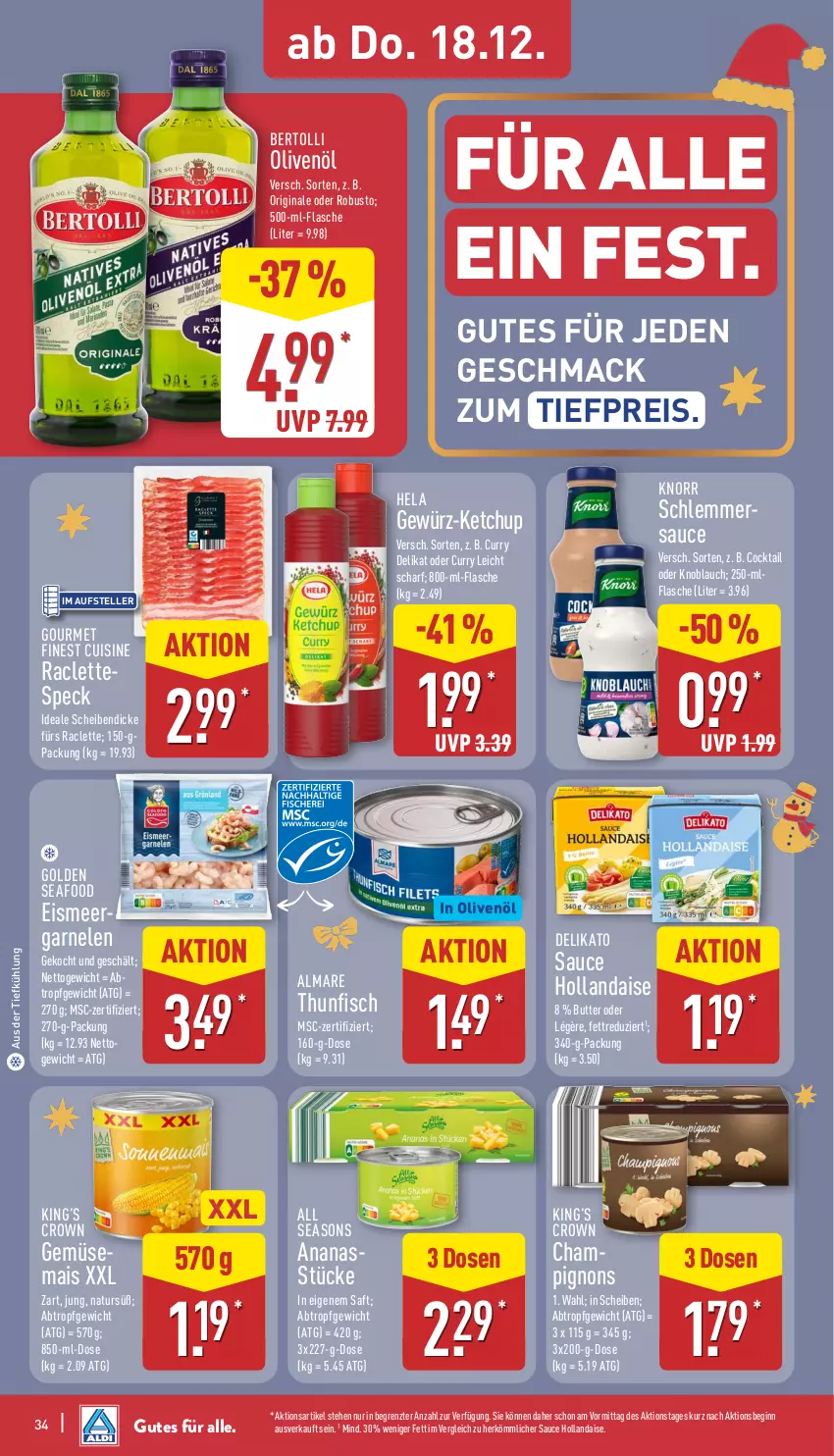 Aktueller Prospekt Aldi Nord - Von Montag - von 15.12 bis 20.12.2025 - strona 35 - produkty: almare, ananas, Ananasstücke, aus der tiefkühlung, bertolli, butter, champignon, champignons, cocktail, curry, eis, elle, fisch, flasche, garnelen, gemüsemais, gewürz, gin, Hela, hollandaise, in olivenöl, ketchup, knoblauch, knorr, mac, mais, natur, olive, oliven, olivenöl, reis, saft, sauce, sauce hollandaise, schlemmersauce, Speck, teller, thunfisch, Ti, tiefpreis, ZTE