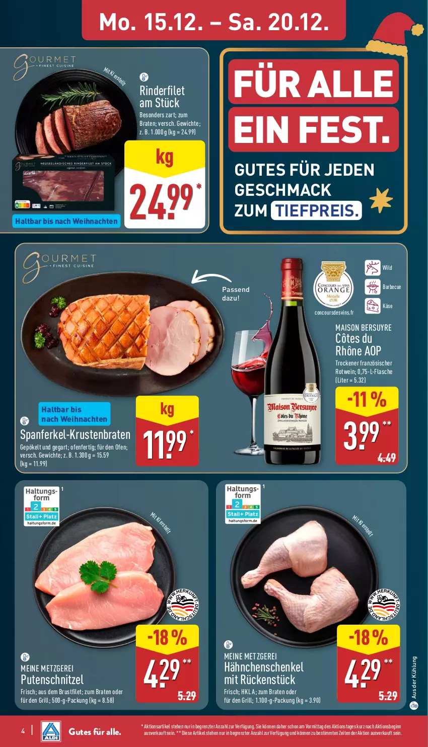 Aktueller Prospekt Aldi Nord - Von Montag - von 15.12 bis 20.12.2025 - strona 5 - produkty: barbecue, braten, brustfilet, eis, filet, flasche, gin, grill, hähnchenschenkel, henkel, Käse, krustenbraten, mac, mais, Ofen, pute, putenschnitzel, reis, rind, rinder, rinderfilet, rotwein, schenkel, schnitzel, Ti, tiefpreis, weihnachten, wein, Wild, ZTE
