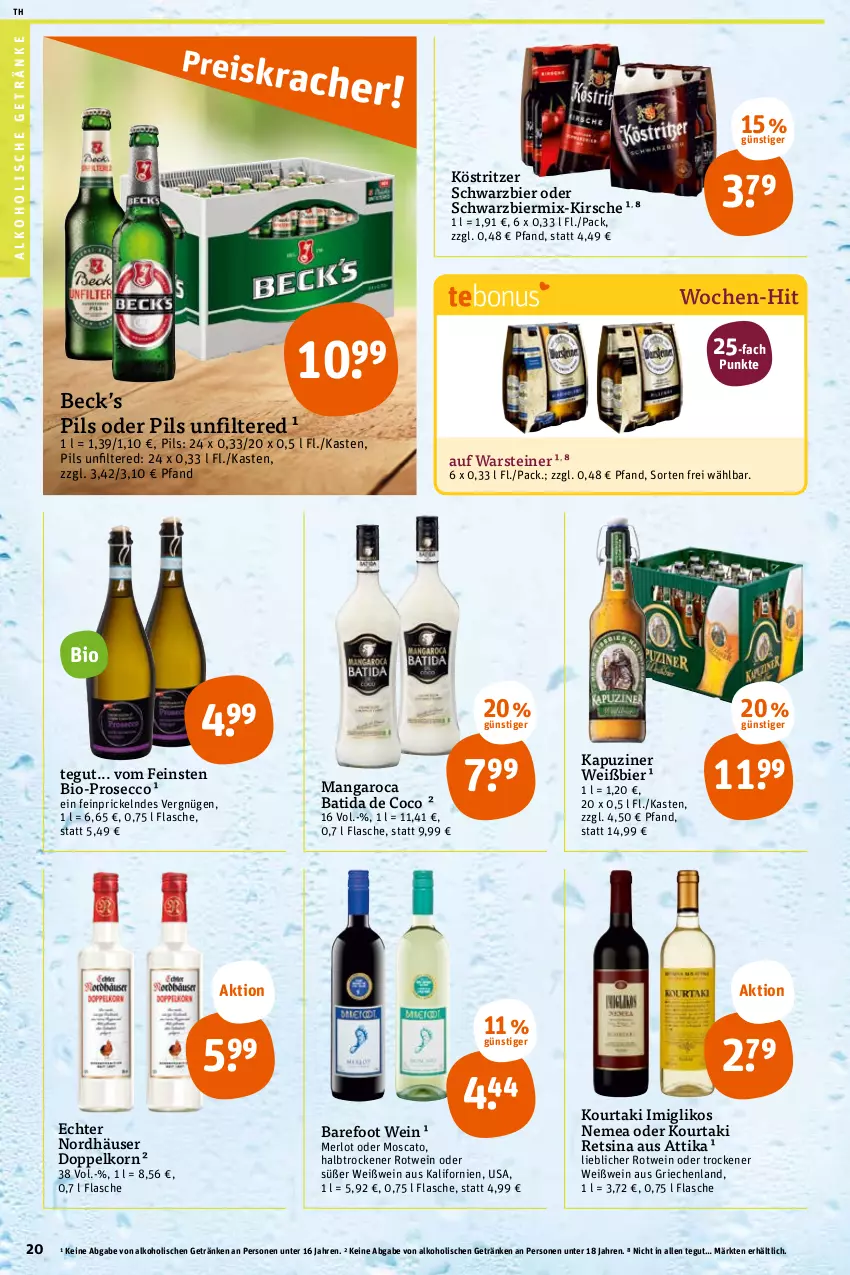 Aktueller Prospekt Tegut - Angebote der Woche - von 10.10 bis 15.10.2022 - strona 20 - produkty: alkohol, alkoholische getränke, batida, bier, bio, doppelkorn, ecco, flasche, getränk, getränke, kirsch, kirsche, korn, köstritzer, mangaroca, merl, merlot, pils, prosecco, Retsina, rotwein, steiner, Ti, warsteiner, wein, Weißwein