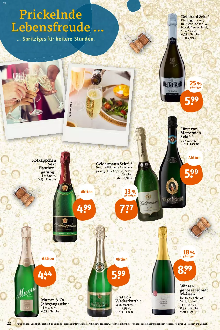 Aktueller Prospekt Tegut - Angebote der Woche - von 10.10 bis 15.10.2022 - strona 22 - produkty: alkohol, brut, deutscher sekt, eis, elle, flasche, fürst von metternich, geldermann, getränk, getränke, jahrgangssekt, Mett, metternich, mumm, riesling, rotkäppchen, sekt, Ti