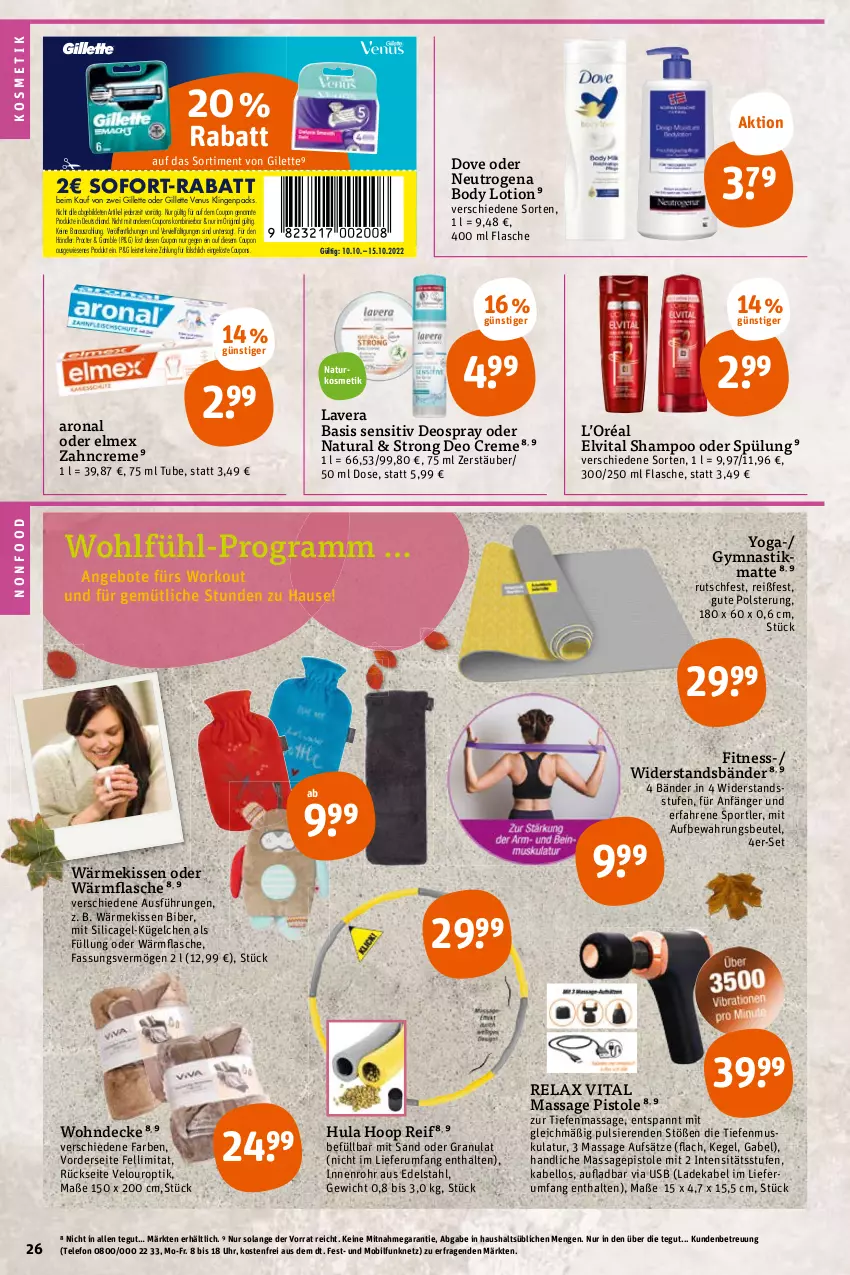 Aktueller Prospekt Tegut - Angebote der Woche - von 10.10 bis 15.10.2022 - strona 26 - produkty: angebot, angebote, asti, beutel, body, body lotion, coupon, coupons, creme, decke, deka, deo, deospray, dove, edelstahl, eis, elmex, elvital, flasche, gabel, gillette, gillette venus, gin, Hula Hoop, kissen, kosmetik, ladekabel, lavera, Lotion, natur, natura, naturkosmetik, neutrogena, rel, rum, shampoo, shampoo oder spülung, sofort-rabatt, Sport, spülung, telefon, Ti, uhr, usb, venus, vita, Yo, zahncreme