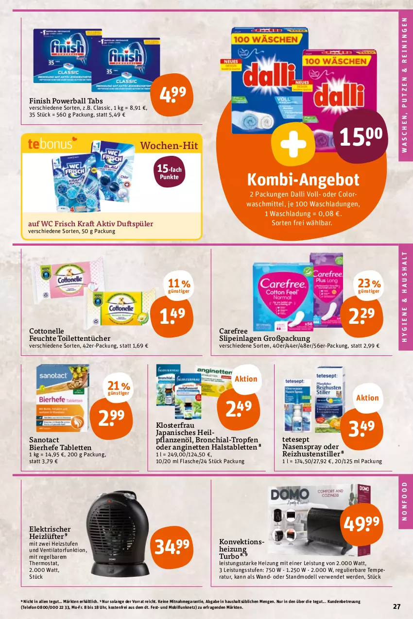 Aktueller Prospekt Tegut - Angebote der Woche - von 10.10 bis 15.10.2022 - strona 27 - produkty: angebot, ball, bier, carefree, chia, colorwaschmittel, cottonelle, dalli, dell, eis, elle, erde, Finish, flasche, gin, Hefe, kraft, Mode, Nasenspray, pflanze, pflanzen, Pflanzenöl, powerball, rwe, slip, slipeinlagen, tablet, tablett, Tablette, telefon, thermostat, Ti, toilettentücher, tücher, uhr, ventilator, waschmittel, wc frisch, WC Frisch Kraft Aktiv