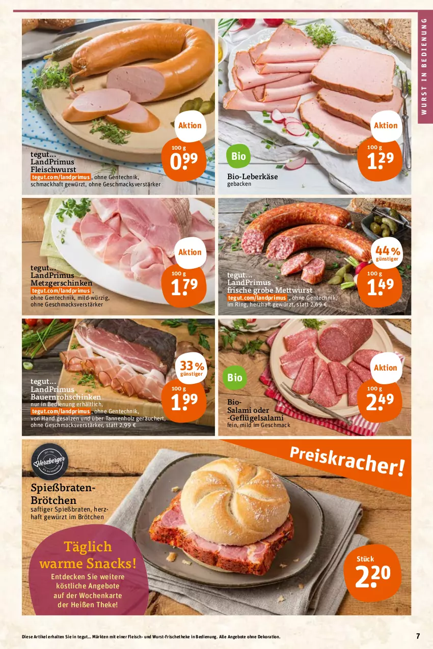 Aktueller Prospekt Tegut - Angebote der Woche - von 10.10 bis 15.10.2022 - strona 7 - produkty: angebot, angebote, auer, Bau, Bauer, bio, braten, brötchen, decke, dekoration, eis, ente, fleisch, fleischwurst, geback, Geflügel, gewürz, Holz, Käse, landprimus, leberkäs, leberkäse, mac, Mett, mettwurst, ring, rohschinken, saft, salami, salz, schinken, snack, snacks, Ti, wurst