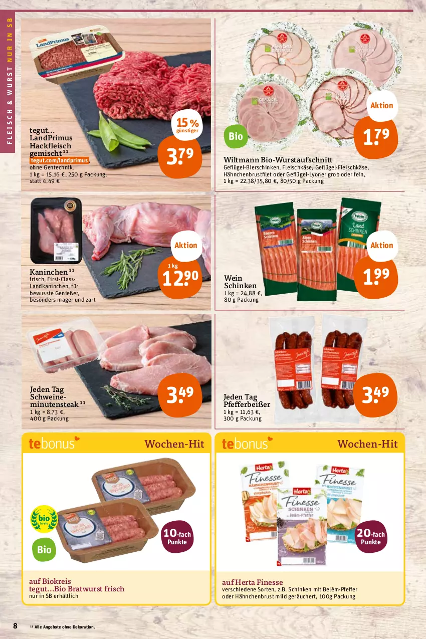 Aktueller Prospekt Tegut - Angebote der Woche - von 10.10 bis 15.10.2022 - strona 8 - produkty: angebot, angebote, aufschnitt, bier, bierschinken, bio, bratwurst, brustfilet, dekoration, eis, ente, filet, finesse, fleisch, fleischkäse, Geflügel, hackfleisch, hackfleisch gemischt, hähnchenbrust, hähnchenbrustfilet, herta, herta finesse, Käse, landprimus, lyoner, ndk, pfeffer, Pfefferbeißer, reis, schinken, schwein, schweine, steak, Ti, wein, weine, wiltmann, wurst, Yo