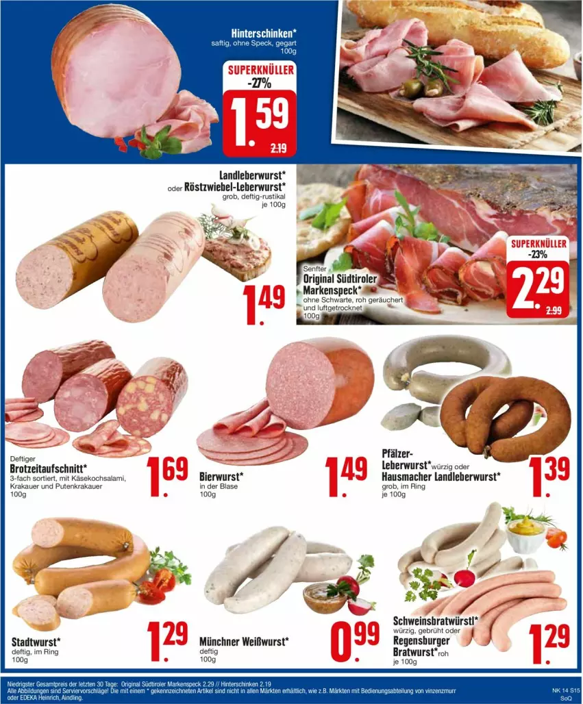 Aktueller Prospekt Edeka - Prospekte - von 01.04 bis 06.04.2024 - strona 15 - produkty: auer, aufschnitt, bier, bratwurst, brot, burger, Hausmacher, Käse, krakauer, landleberwurst, leberwurst, mac, pute, regensburger, ring, salami, schwein, Speck, Ti, wein, Weißwurst, wurst