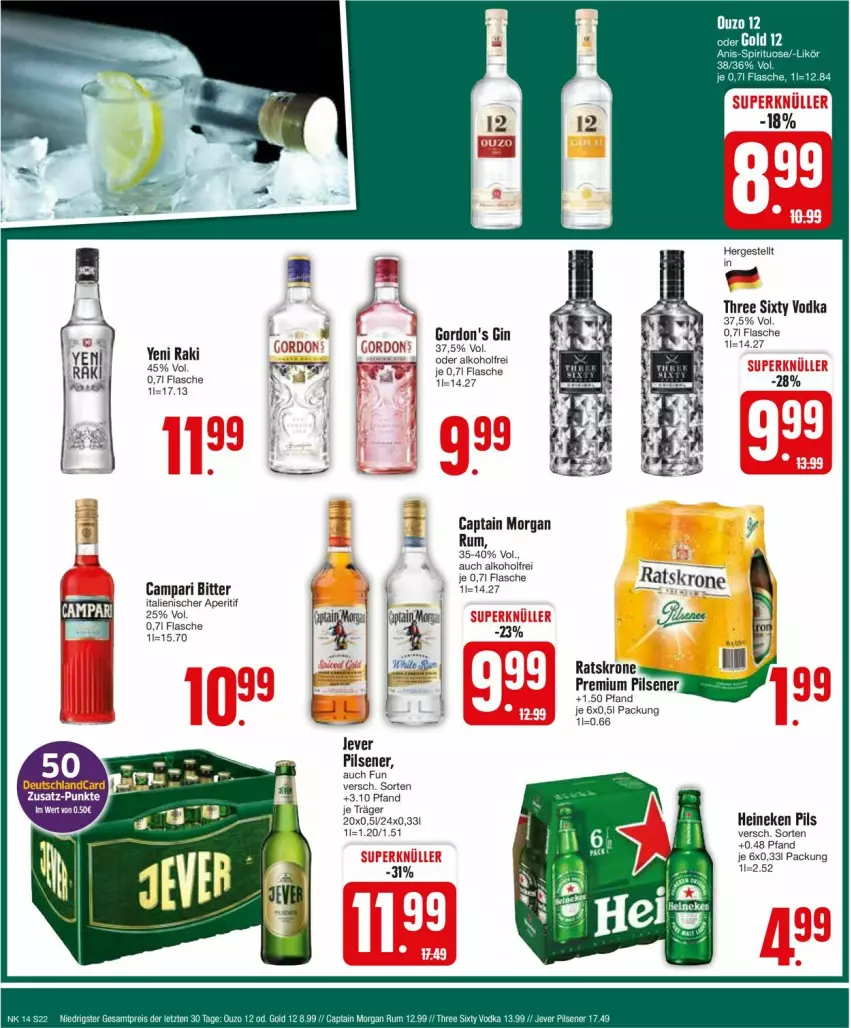 Aktueller Prospekt Edeka - Prospekte - von 01.04 bis 06.04.2024 - strona 22 - produkty: alkohol, aperitif, campari, Cap, captain morgan, flasche, gin, gordon, gordon's, heineken, krone, pils, pilsener, premium pils, Three Sixty, Ti, vodka, yeni raki