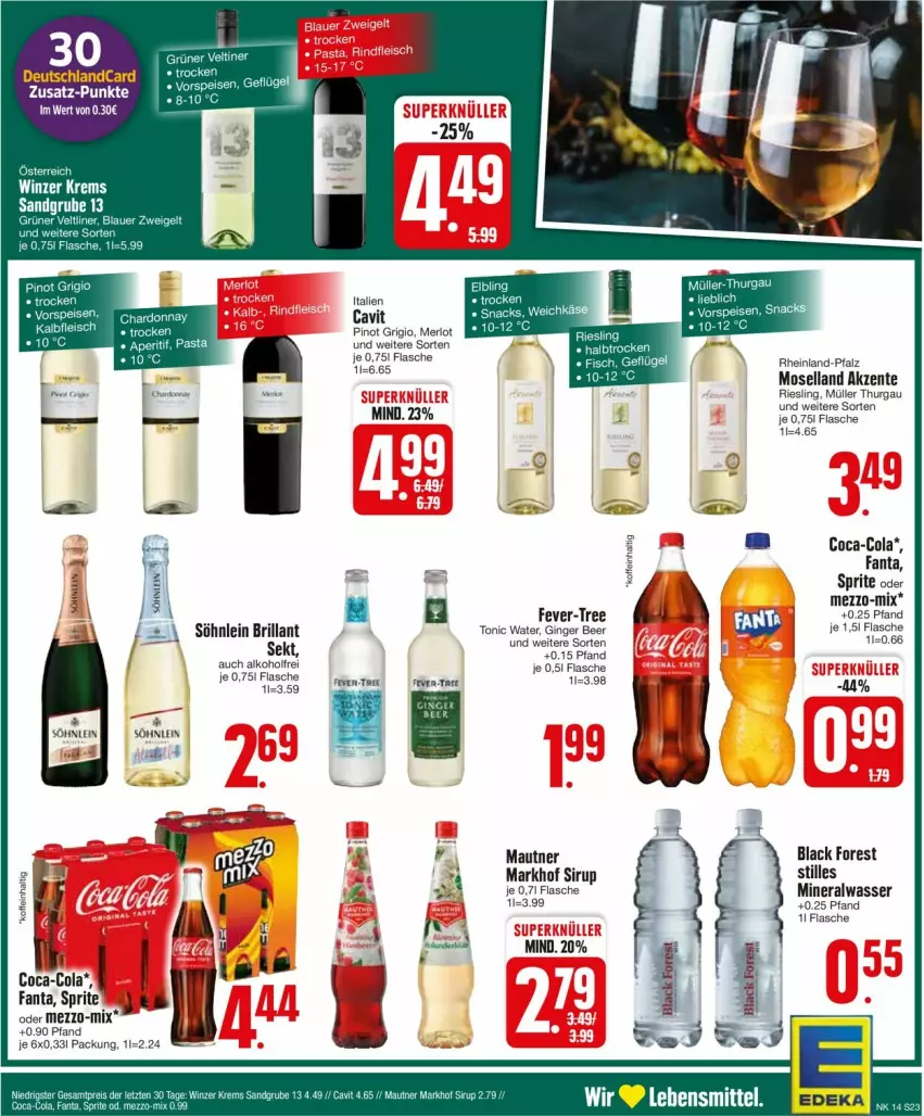 Aktueller Prospekt Edeka - Prospekte - von 01.04 bis 06.04.2024 - strona 23 - produkty: alkohol, Alwa, black forest, coca-cola, cola, deka, ente, fanta, fever-tree, flasche, gin, ginger, lack, Mautner, merl, merlot, mineralwasser, moselland, Müller, Pinot, pinot grigio, riesling, sirup, söhnlein, söhnlein brillant, sprite, Ti, tonic, tonic water, wasser