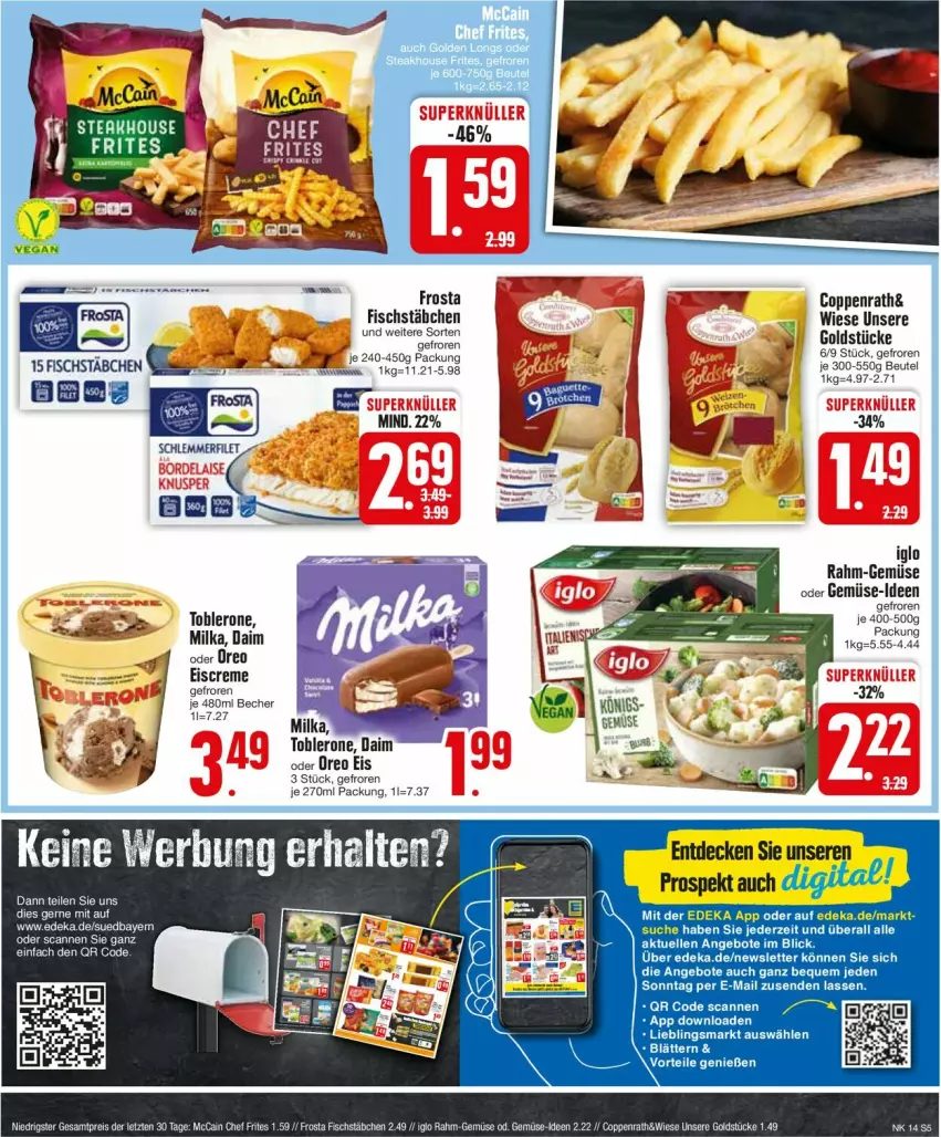 Aktueller Prospekt Edeka - Prospekte - von 01.04 bis 06.04.2024 - strona 5 - produkty: angebot, angebote, Becher, beutel, coppenrath, creme, daim, decke, deka, eis, eiscreme, fisch, fischstäbchen, frosta, Goldstücke, iglo, milka, oreo, rahm-gemüse, tee, Ti, toblerone