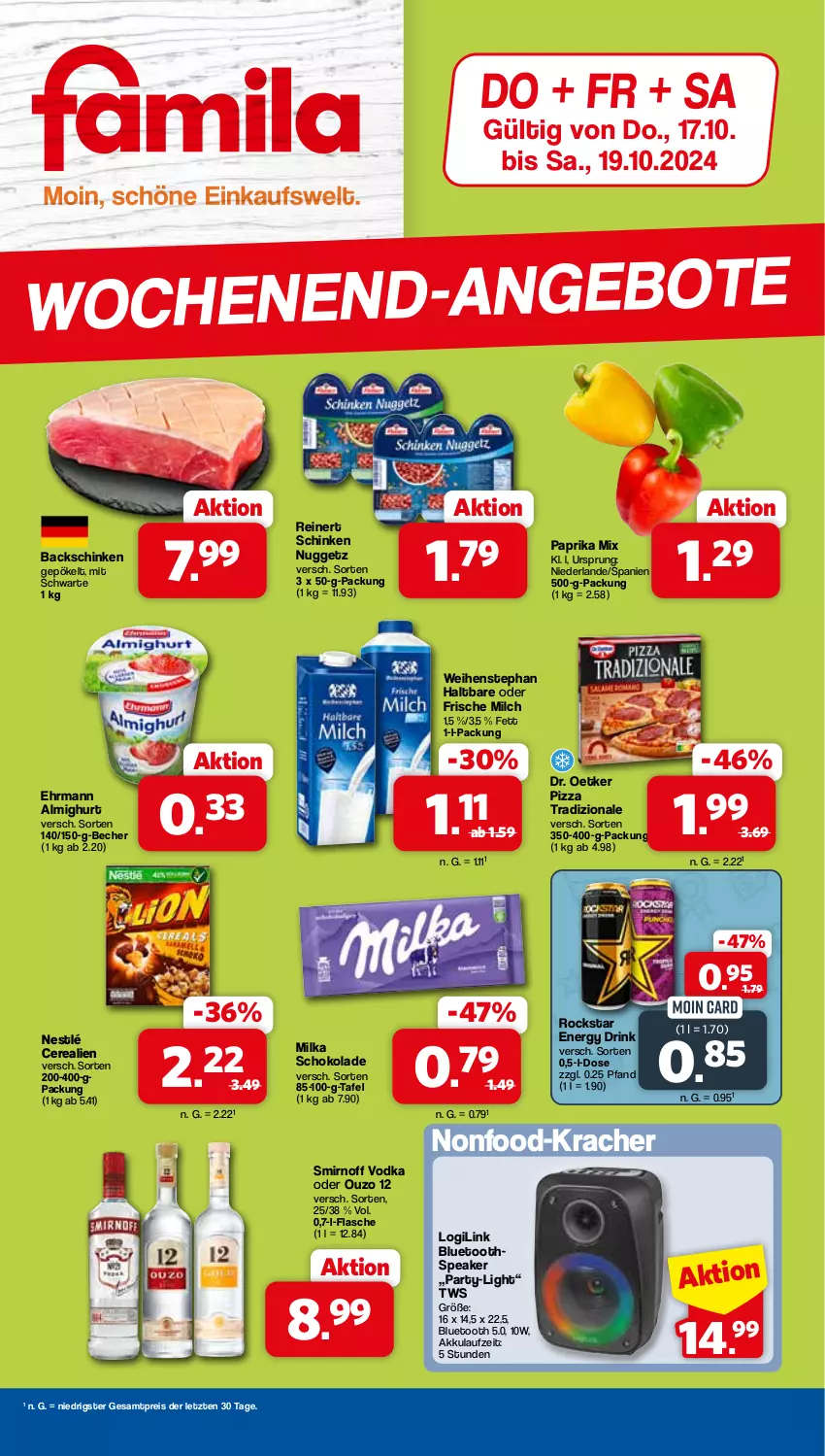 Aktueller Prospekt Famila - Prospekte - von 17.10 bis 19.10.2024 - strona 1 - produkty: akku, almighur, almighurt, Becher, cerealien, Dr. Oetker, drink, ehrmann, ehrmann almighurt, eis, energy drink, flasche, frische milch, kracher, milch, milka, milka schokolade, nestlé, ouzo, ouzo 12, paprika, paprika mix, pizza, pizza tradizionale, reinert, reis, Rockstar, schinken, schoko, schokolade, smirnoff, Ti, tradizionale, vodka, weihenstephan, ZTE