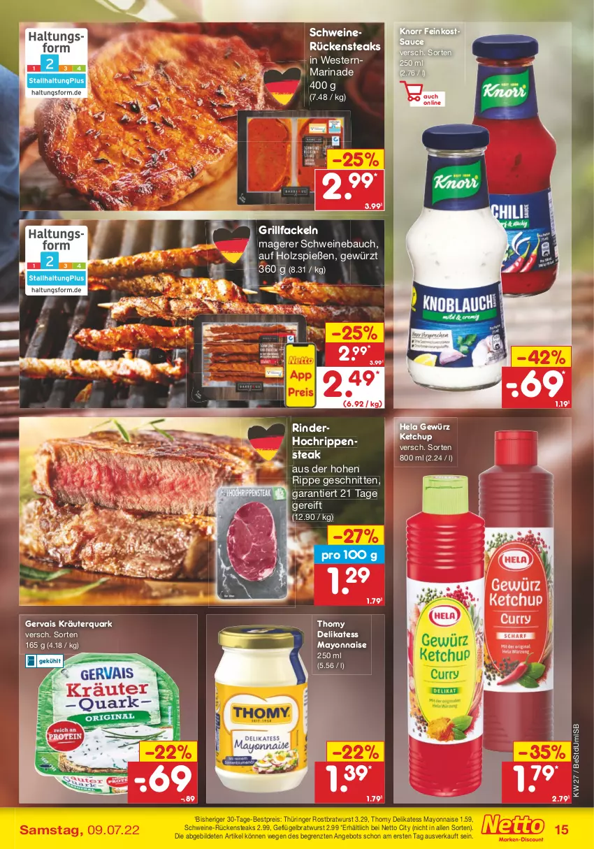 Aktueller Prospekt Netto Marken-Discount - Filial-Angebote - von 04.07 bis 09.07.2022 - strona 15 - produkty: angebot, Bau, bestpreis, bratwurst, eis, feinkost, Geflügel, gervais, gewürz, grill, grillfackeln, Hela, Holz, ketchup, knorr, kräuter, marinade, mayonnaise, quark, reis, rind, rinder, ring, Rippen, rostbratwurst, Rückensteak, rückensteaks, sauce, schnitten, schwein, schweine, Schweinebauch, schweinerücken, steak, steaks, thomy, thüringer rostbratwurst, Ti, wein, weine, Weste, wurst, Yo, ZTE