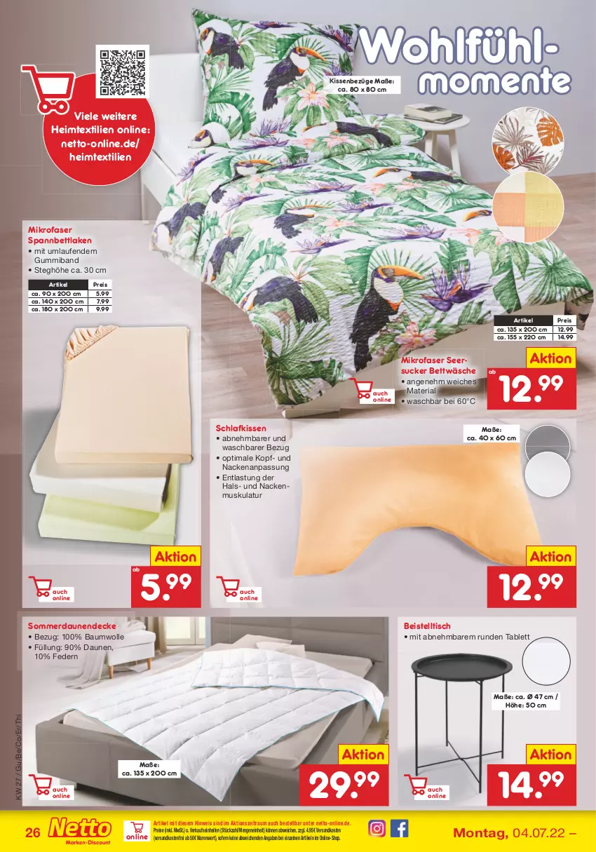 Aktueller Prospekt Netto Marken-Discount - Filial-Angebote - von 04.07 bis 09.07.2022 - strona 26 - produkty: Bau, baumwolle, beistelltisch, bett, bettwäsche, decke, eis, ente, heimtextilien, kissen, Laufen, mikrofaser, ndk, reis, Ria, seersucker, seersucker bettwäsche, spannbettlaken, tablet, tablett, Ti, tisch, versandkostenfrei, wolle