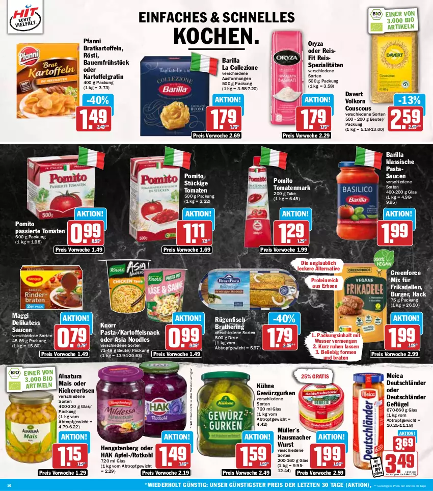 Aktueller Prospekt Hit - Wochenprospekt - von 24.02 bis 01.03.2025 - strona 10 - produkty: apfel, auer, barilla, Bau, Bauer, beutel, bio, braten, burger, coupon, couscous, delikatess sauce, dell, eis, elle, erbsen, fisch, frikadellen, Geflügel, gewürz, Gewürzgurke, gewürzgurken, gurke, gurken, Hausmacher, hengstenberg, hering, kartoffel, kartoffeln, kichererbsen, knorr, knorr pasta, korn, Kühne, LG, mac, maggi, mais, meica, Müller, natur, natura, oryza, pasta, pfanni, pomito, reis, reiss, ring, rotkohl, rügenfisch, sauce, saucen, snack, Spezi, Ti, tomate, tomaten, tomatenmark, wasser, wurst, ZTE