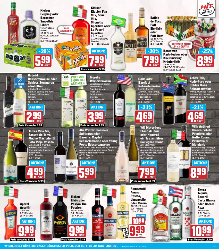 Aktueller Prospekt Hit - Wochenprospekt - von 24.02 bis 01.03.2025 - strona 13 - produkty: alkohol, amaro, aperitif, aperol, bacardi, Bad, batida, Becher, berentzen, bio, burgunder, coupon, dell, eier, eierlikör, eis, ente, finesse, flasche, frucht, gallo, kleiner feigling, kleiner klopfer, kräuter, kräuterlikör, kuemmerling, leine, likör, limo, merl, mionetto, nederburg, passo, primitivo, rama, ramazzott, ramazzotti, rebsortenweine, reis, Ria, rioja, rosato, rum, sauvignon, sauvignon blanc, Sierra, sierra tequila, smoothie, spätburgunder, tequila, Ti, wein, weine, Wild, yellow tail, Yo, zott, ZTE