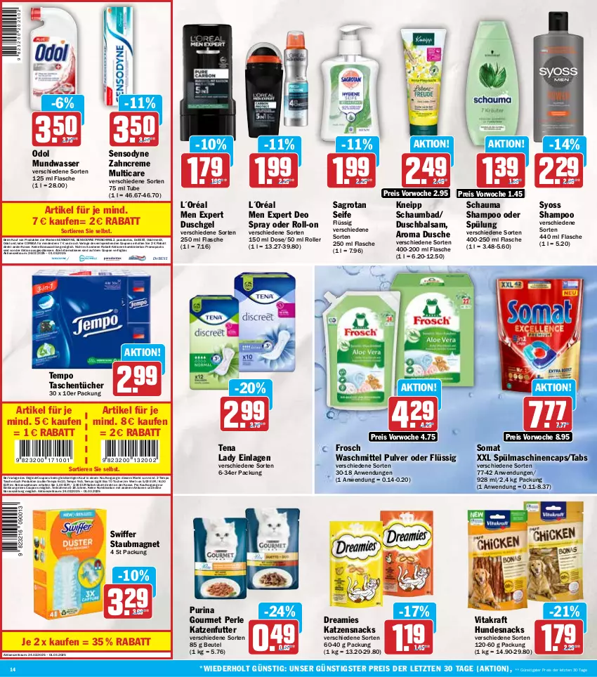 Aktueller Prospekt Hit - Wochenprospekt - von 24.02 bis 01.03.2025 - strona 14 - produkty: Bad, balsam, beutel, Cap, coupon, coupons, creme, deo, deo spray, dreamies, dusche, duschgel, eis, flasche, Frosch, gin, hundesnack, hundesnacks, katzenfutter, katzensnack, katzensnacks, kneipp, kraft, L´Oréal, mundwasser, Odol, Parodontax, purina, reis, roll-on, Roller, sagrotan, schauma, schauma shampoo, schaumbad, Seife, sensodyne, shampoo, shampoo oder spülung, snack, snacks, sofortrabatt, somat, spülmaschinen, spülung, staubmagnet, swiffer, syoss, Tasche, taschen, taschentücher, Tempo, Tena Lady, Ti, Tiere, tuc, tücher, vita, vitakraft, waschmittel, wasser, Yo, zahncreme, ZTE