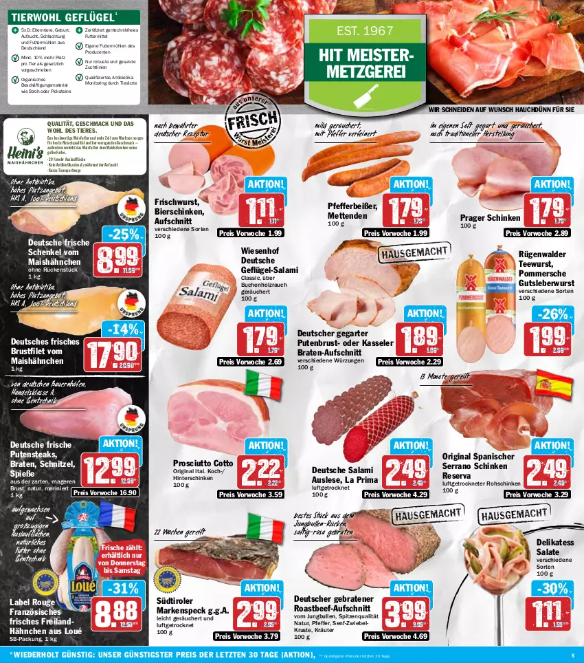 Aktueller Prospekt Hit - Wochenprospekt - von 24.02 bis 01.03.2025 - strona 5 - produkty: angebot, auer, aufschnitt, Bau, Bauer, beef, bier, bierschinken, bio, braten, brustfilet, buch, eis, elle, ente, erde, filet, fleisch, Geflügel, gin, gutsleberwurst, henkel, hinterschinken, Holz, jungbullen, kasseler, kräuter, leberwurst, mac, mais, Meister, Mett, metten, Mettenden, monitor, natur, pfeffer, Pfefferbeißer, Pommersche, prosciutto, prosciutto cotto, pute, putenbrust, putensteaks, Rauch, reis, rezept, Ria, ring, roastbeef, rohschinken, rouge, rügenwalder, saft, salami, salat, salate, schenkel, schinken, schnitzel, senf, serrano, serrano schinken, Speck, spitzenqualität, Sport, steak, steaks, südtiroler, tee, teewurst, Ti, Tiere, wiesenhof, wurst, ZTE, zwiebel