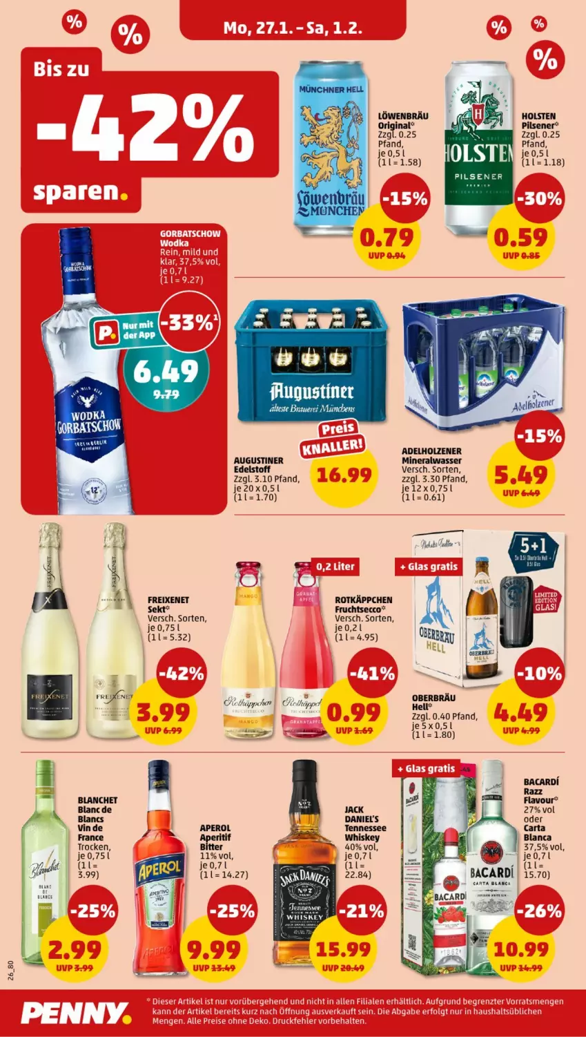 Aktueller Prospekt Penny - Prospekte - von 27.01 bis 01.02.2025 - strona 26 - produkty: adelholzener, Alwa, aperitif, aperol, Augustiner Edelstoff, bacardi, ecco, freixenet, frucht, fruchtsecco, gin, holsten, Holz, mineralwasser, pils, pilsener, rotkäppchen, sekt, Ti, wasser, whiskey