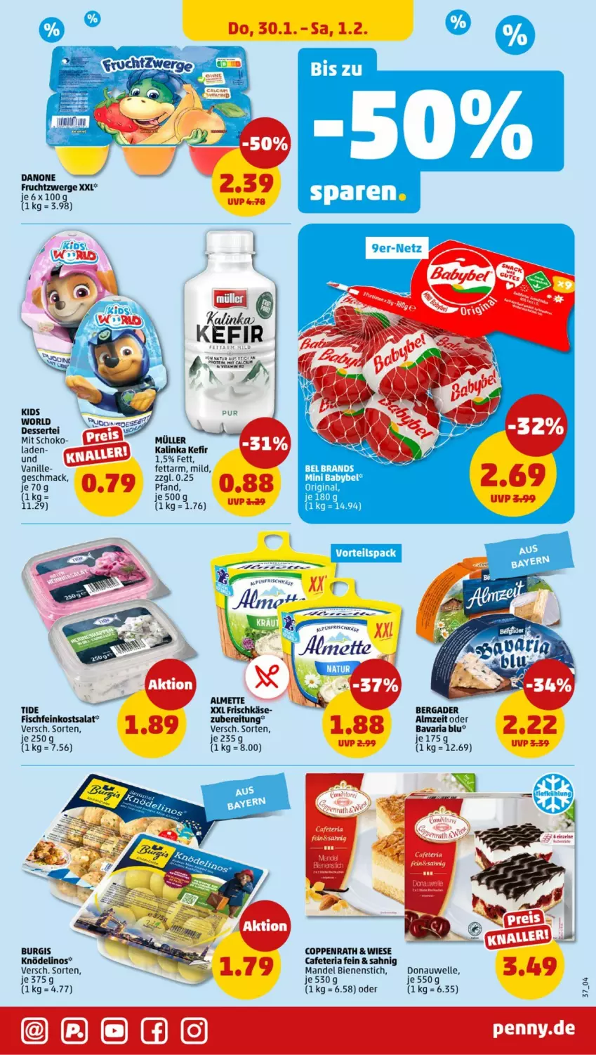 Aktueller Prospekt Penny - Prospekte - von 27.01 bis 01.02.2025 - strona 37 - produkty: babybel, bavaria blu, bergader, coppenrath, danone, danone fruchtzwerge, dessert, elle, feinkost, fisch, Fischfeinkost, frischkäse, frucht, fruchtzwerge, gin, Käse, Kefir, Knödel, mac, mandel, mini babybel, Müller, Ria, salat, schoko, Ti, vanille