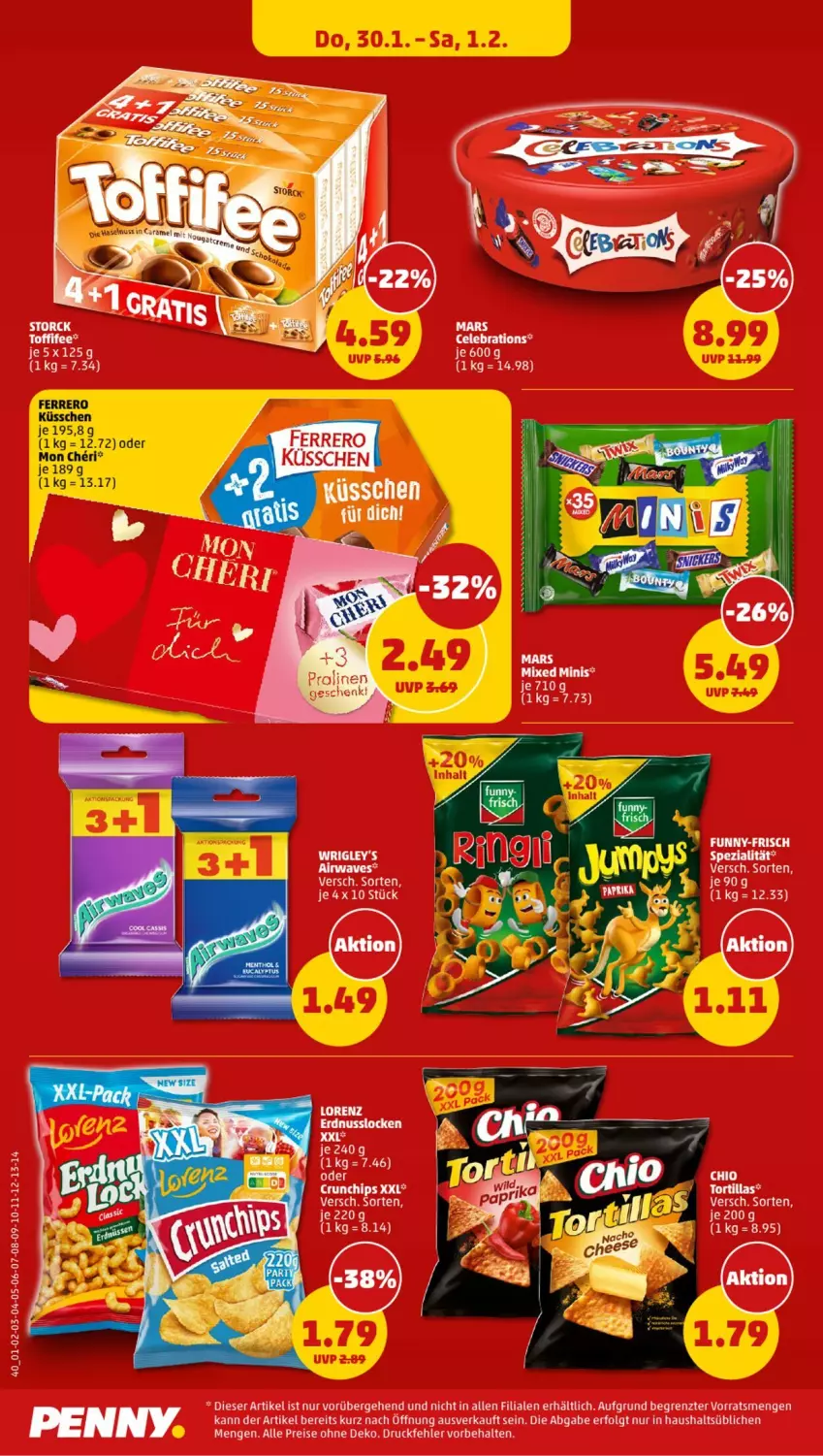 Aktueller Prospekt Penny - Prospekte - von 27.01 bis 01.02.2025 - strona 40 - produkty: chips, crunchips, eis, ferrero, Ferrero Küsschen, LG, mars, reis, Spezi, storck, Ti, tortilla, tortillas, ZTE