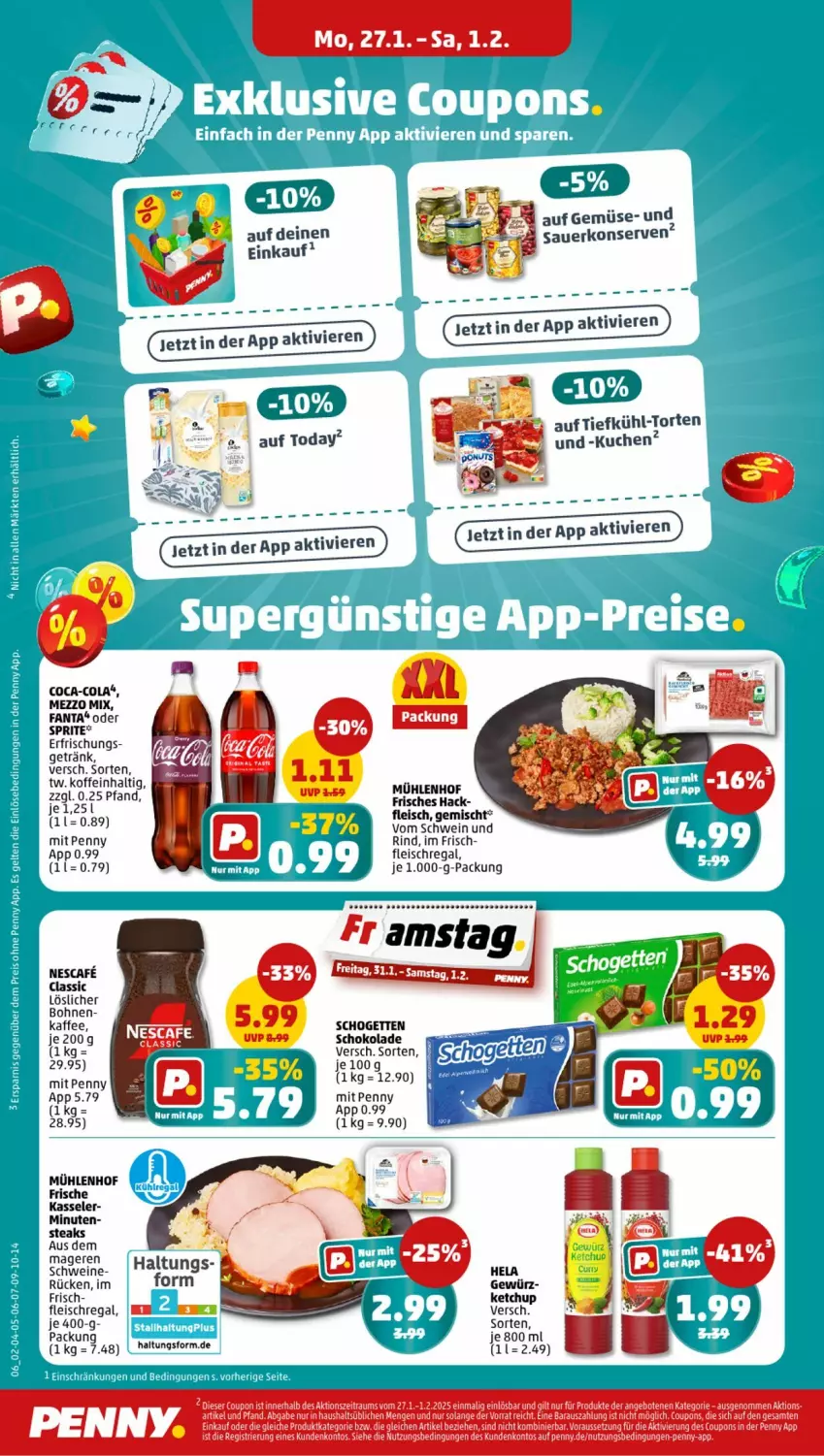 Aktueller Prospekt Penny - Prospekte - von 27.01 bis 01.02.2025 - strona 6 - produkty: angebot, angebote, auer, bohne, bohnen, coca-cola, cola, coupon, coupons, eis, fanta, fleisch, getränk, gewürz, Hela, kaffee, kasseler, ketchup, Konserven, kuchen, Mezzo Mix, nescafe, oder sprite, regal, rind, schogetten, schoko, schokolade, schwein, schwein und rind, schweine, sprite, steak, steaks, Ti, torte, vom schwein und rind, wein, weine