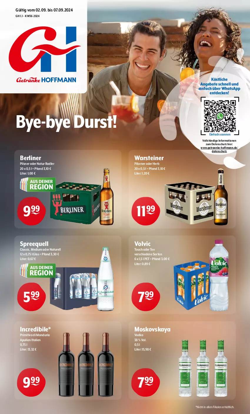 Aktueller Prospekt Getraenke Hoffmann - Prospekte - von 02.09 bis 07.09.2024 - strona 1 - produkty: angebot, angebote, berliner, decke, moskovskaya, natur, natur radler, pils, pilsener, pilsner, primitivo, radler, rel, Ria, Spreequell, steiner, tee, Ti, vodka, volvic, warsteiner