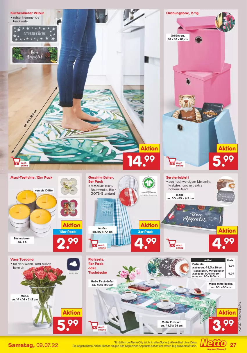 Aktueller Prospekt Netto Marken-Discount - Filial-Angebote - von 04.07 bis 09.07.2022 - strona 27 - produkty: angebot, auer, Bau, baumwolle, bio, decke, eis, geschirr, geschirrtücher, küche, Küchen, Läufer, LG, mitteldecke, reis, Ria, Serviertablett, tablet, tablett, tee, Teelicht, teelichte, Ti, tisch, tischdecke, tischläufer, tücher, Vase, wolle, ZTE