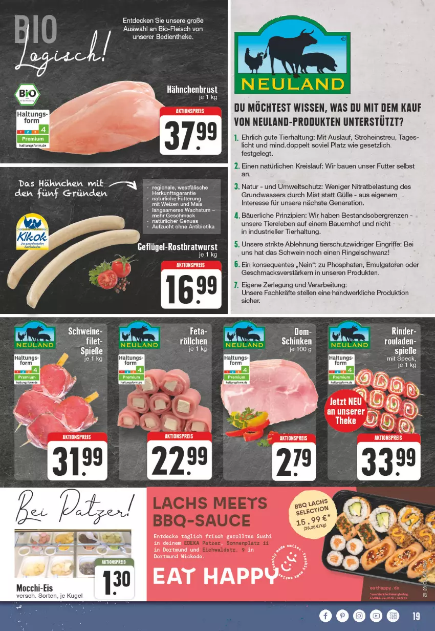 Aktueller Prospekt Edeka - Angebote der Woche - von 15.05 bis 20.05.2023 - strona 19 - produkty: aktionspreis, auer, Bau, Bauer, bio, bratwurst, decke, eis, elle, ente, fleisch, Geflügel, hähnchenbrust, Kugel, LG, mac, natur, reis, rel, ring, rostbratwurst, rouladen, schwein, Sushi, Ti, Tiere, wasser, wein, WICK, wurst