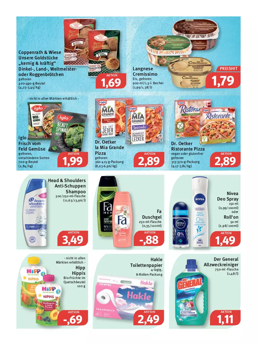 Aktueller Prospekt Feneberg - Prospekte - von 03.03 bis 05.03.2022 - strona 10 - produkty: allzweckreiniger, Becher, beutel, bio, brötchen, coppenrath, cremissimo, deo, deo spray, Dr. Oetker, duschgel, eis, fa duschgel, flasche, früchte, Goldstücke, hakle, hakle toilettenpapier, hipp, iglo, langnese, langnese cremissimo, Meister, nivea, papier, pizza, quetschbeutel, reiniger, reis, ristorante, ristorante pizza, roggenbrötchen, shampoo, sim, Ti, toilettenpapier, weck