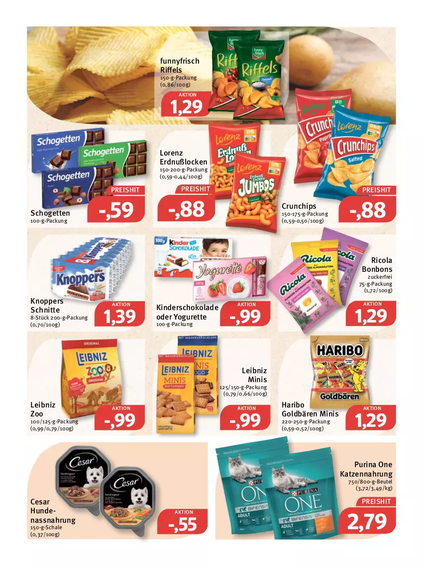 Aktueller Prospekt Feneberg - Prospekte - von 03.03 bis 05.03.2022 - strona 14 - produkty: beutel, bonbons, chips, cola, crunchips, eis, goldbären, haribo, katzennahrung, Kinder, knoppers, leibniz, lorenz, Nassnahrung, oder yogurette, purina, reis, Ricola, Schal, Schale, schogetten, schoko, schokolade, Ti, Yo, yogurette, zucker