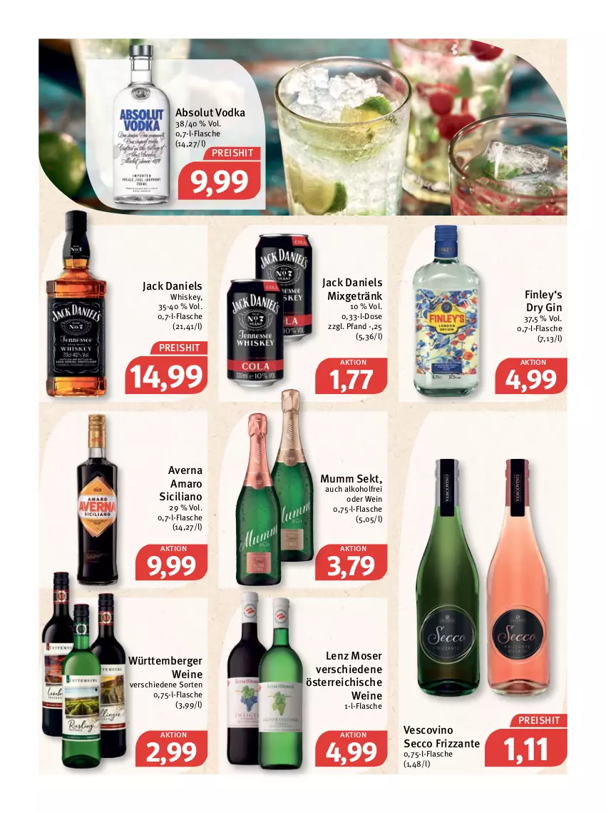 Aktueller Prospekt Feneberg - Prospekte - von 03.03 bis 05.03.2022 - strona 16 - produkty: Absolut Vodka, alkohol, amaro, averna, Berger, dry gin, ecco, eis, flasche, frizzante, getränk, gin, jack daniel, jack daniels, Lenz Moser, Mixgetränk, moser, mumm, reis, sekt, Ti, vescovino, vodka, wein, weine, whiskey