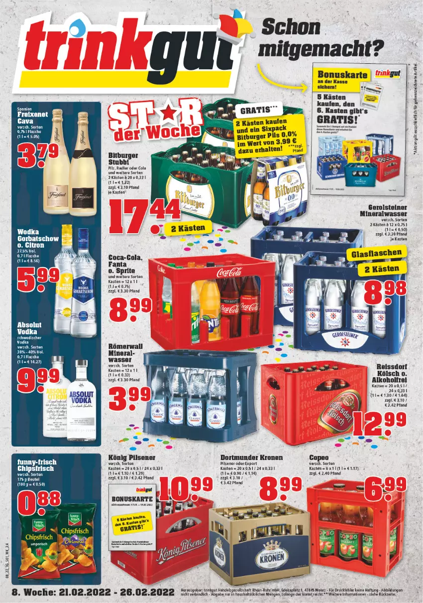 Aktueller Prospekt Trinkgut - von 21.02 bis 26.02.2022 - strona 1 - produkty: alkohol, Alwa, bitburger, bitburger pils, burger, Cava, chips, chipsfrisch, coca-cola, cola, deka, eis, fanta, flasche, freixenet, gerolsteine, gerolsteiner, Gorbatschow, könig pilsener, krone, mac, mineralwasser, pils, pilsener, radler, reis, reiss, rind, rwe, ssd, steiner, Ti, uhr, vodka, wasser