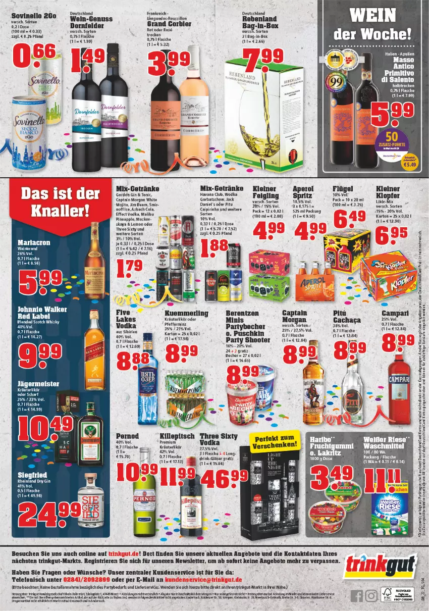 Aktueller Prospekt Trinkgut - von 21.02 bis 26.02.2022 - strona 4 - produkty: angebot, angebote, aperol, arla, bag-in-box, Becher, berentzen, bier, Brei, caipirinha, campari, Cap, captain morgan, deka, deutschlandcard, dornfelder, drink, dry gin, eis, elle, erde, flasche, Germ, getränk, getränke, gin, Gläser, gordon, Havana Club, jägermeister, kräuter, kräuterlikör, kuemmerling, leine, LG, lieferservice, likör, Meister, merl, moser, nuss, reis, rel, ssd, telefon, Three Sixty, Ti, tonic, uhr, vodka, waschmittel, wein, weinbrand, wodka