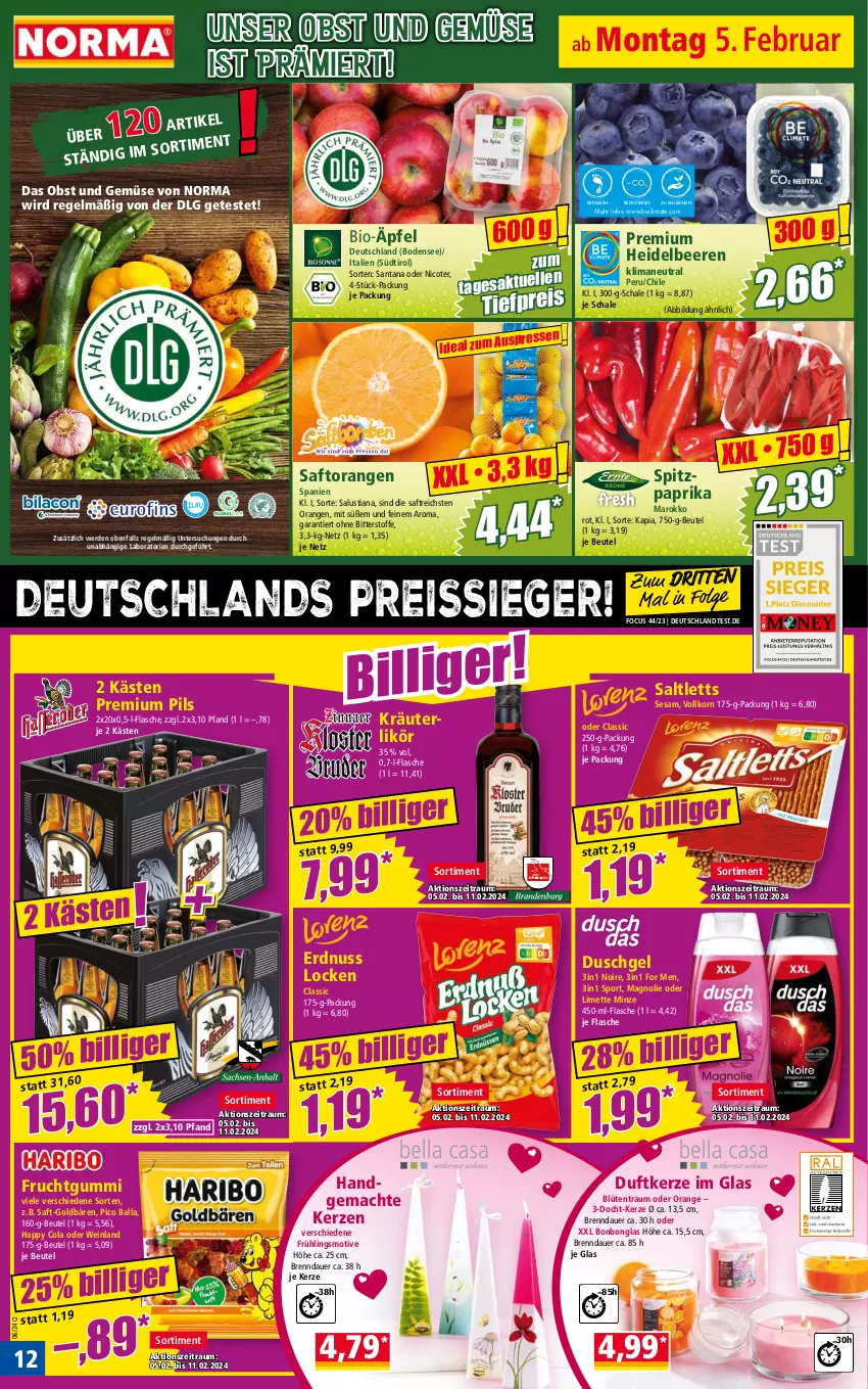 Aktueller Prospekt Norma - Norma - von 05.02 bis 12.02.2024 - strona 12 - produkty: auer, ball, beere, beeren, beutel, bio, Blüte, Bonbonglas, cola, Duftkerze, duschgel, eis, erde, erdnuss, flasche, frucht, fruchtgummi, goldbären, heidelbeere, heidelbeeren, kerze, korn, kräuter, kräuterlikör, LG, likör, limette, Lusti, mac, Mett, minze, nuss, obst, Obst und Gemüse, orange, orangen, paprika, pils, premium pils, reis, reiss, saft, Saftorangen, saltletts, Salus, Schal, Schale, sesam, Spitzpaprika, Sport, Ti, tiefpreis, und gemüse, wein