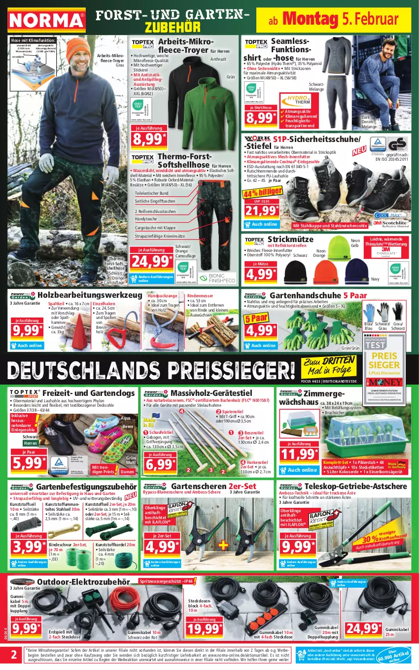 Aktueller Prospekt Norma - Norma - von 05.02 bis 12.02.2024 - strona 2 - produkty: aqua, asti, Bebe, beere, blume, blumen, boss, buch, Clogs, decksohle, eis, Elan, Elektro, elle, erde, funktionsshirt, Garten, Gartenschere, Gewächshaus, gin, gsw, handschuhe, Handy, Handytasche, Holz, hose, Hylo, Kette, kokos, korn, kraft, leine, LG, Liege, massivholz, messer, Mütze, natur, ndk, orange, reifen, reis, reiss, Ria, rind, rwe, säge, Schere, schuhe, shirt, Softshellhose, Spaten, Sport, steckdose, Tasche, taschen, Teleskop, Ti, Tiere, Tipi, tisch, wasser, werkzeug