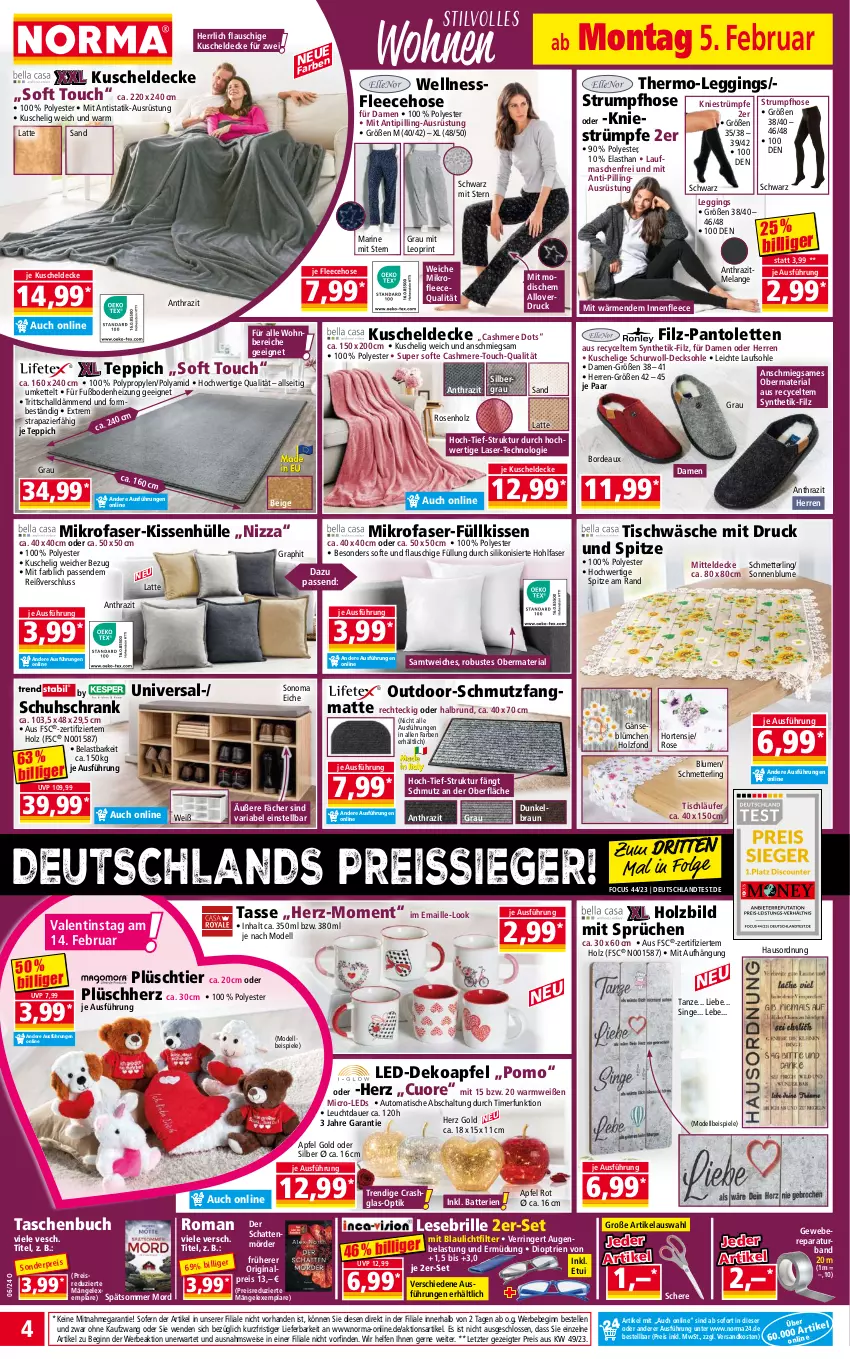 Aktueller Prospekt Norma - Norma - von 05.02 bis 12.02.2024 - strona 4 - produkty: apfel, auer, auto, batterie, batterien, Bebe, blume, blumen, braun, Brille, buch, cashmere, decke, decksohle, Dekoapfel, dell, eis, Elan, elle, Fleecehose, gin, Holz, Holzbild, hortensie, hose, Kette, kissen, kissenhülle, kuscheldecke, latte, Läufer, leds, leggings, LG, maille, Mett, mikrofaser, mitteldecke, Mode, ndk, pantolette, pantoletten, Plüsch, reis, reiss, Ria, ring, rosen, rum, Schal, Schere, Schmetterling, schmutzfangmatte, Schrank, schuhschrank, sonnenblume, sonoma eiche, Spiele, strümpfe, Strumpfhose, Tasche, taschen, Taschenbuch, tasse, teppich, Ti, timer, Tipi, tisch, tischläufer, Tischwäsche, weber, ZTE