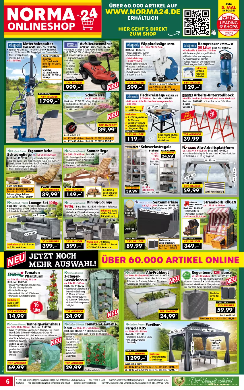 Aktueller Prospekt Norma - Norma - von 05.02 bis 12.02.2024 - strona 6 - produkty: angebot, Bank, Bau, beistelltisch, Bona, Brei, bügel, Draht, eis, erde, fenster, Garten, Gewächshaus, gin, hocker, Holz, Holzspalter, kissen, kompressor, korb, kraft, latte, LG, Liege, lounge-set, messer, moskitonetz, ndk, pavillon, pflanze, pflanzen, rasen, rasenmäher, regal, reis, reiss, Ria, Rückenkissen, rückenlehne, rwe, sac, säge, Schal, schrauben, schwerlastregal, Seitenmarkise, sessel, sitzbank, sitzkissen, sonnenliege, strandkorb, Ti, tisch, Tischkreissäge, tomate, tomaten, trolli, wasser, wassertank, werkzeug, ZTE