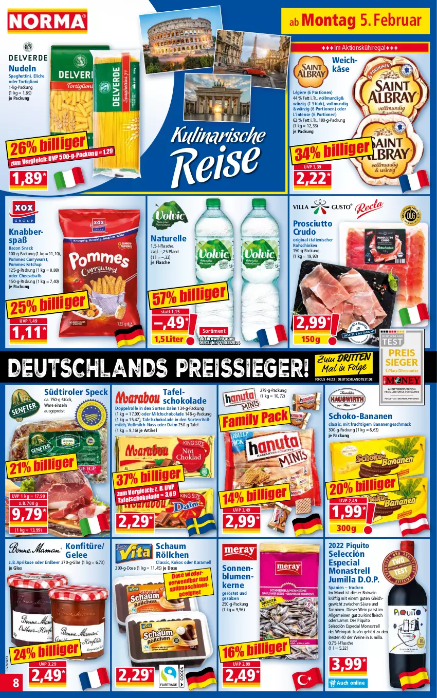 Aktueller Prospekt Norma - Norma - von 05.02 bis 12.02.2024 - strona 8 - produkty: aprikose, bacon, ball, banane, bananen, blume, blumen, curry, currywurst, daim, eis, elle, flasche, fleisch, frucht, gelee, gin, karamell, Käse, ketchup, kokos, konfitüre, kühlregal, lamm, LG, lion, mac, milch, mit frucht, natur, nudel, nudeln, nuss, pommes, prosciutto, prosciutto crudo, regal, reis, reiss, rel, rind, rindfleisch, rohschinken, rotwein, rwe, salz, schinken, schoko, schokolade, snack, sonnenblume, sonnenblumen, Sonnenblumenkerne, spaghetti, Speck, südtiroler, tafelschokolade, Ti, vollmilch, weichkäse, wein, weine, wurst